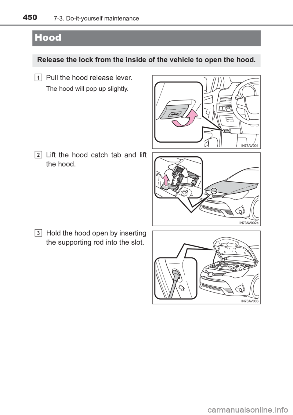 TOYOTA AVENSIS 2017 Owners Manual (in English) 4507-3. Do-it-yourself maintenance
AVENSIS_OM_OM20C66E_(EE)
Hood
Pull the hood release lever.
The hood will pop up slightly.
Lift the hood catch tab and lift
the hood.
Hold the hood open by inserting
TOYOTA AVENSIS 2017 Owners Manual (in English) 4507-3. Do-it-yourself maintenance
AVENSIS_OM_OM20C66E_(EE)
Hood
Pull the hood release lever.
The hood will pop up slightly.
Lift the hood catch tab and lift
the hood.
Hold the hood open by inserting