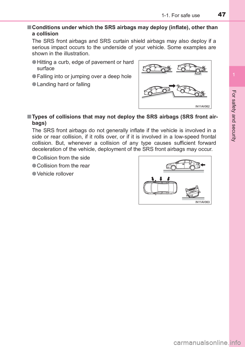 TOYOTA AVENSIS 2017 (in English) Service Manual 471-1. For safe use
1
AVENSIS_OM_OM20C66E_(EE)
For safety and security
■Conditions under which the SRS airbags may deploy (inflate), other than
a collision
The SRS front airbags and SRS curtain shie TOYOTA AVENSIS 2017 (in English) Service Manual 471-1. For safe use
1
AVENSIS_OM_OM20C66E_(EE)
For safety and security
■Conditions under which the SRS airbags may deploy (inflate), other than
a collision
The SRS front airbags and SRS curtain shie