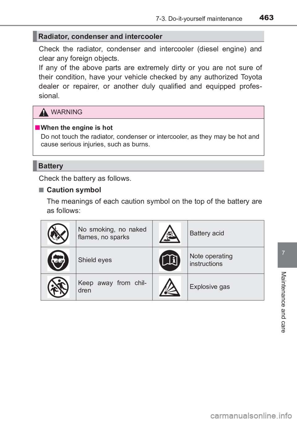 TOYOTA AVENSIS 2017 Owners Manual (in English) 4637-3. Do-it-yourself maintenance
AVENSIS_OM_OM20C66E_(EE)
7
Maintenance and care
Check the radiator, condenser and intercooler (diesel engine) and
clear any foreign objects.
If any of the above par TOYOTA AVENSIS 2017 Owners Manual (in English) 4637-3. Do-it-yourself maintenance
AVENSIS_OM_OM20C66E_(EE)
7
Maintenance and care
Check the radiator, condenser and intercooler (diesel engine) and
clear any foreign objects.
If any of the above par