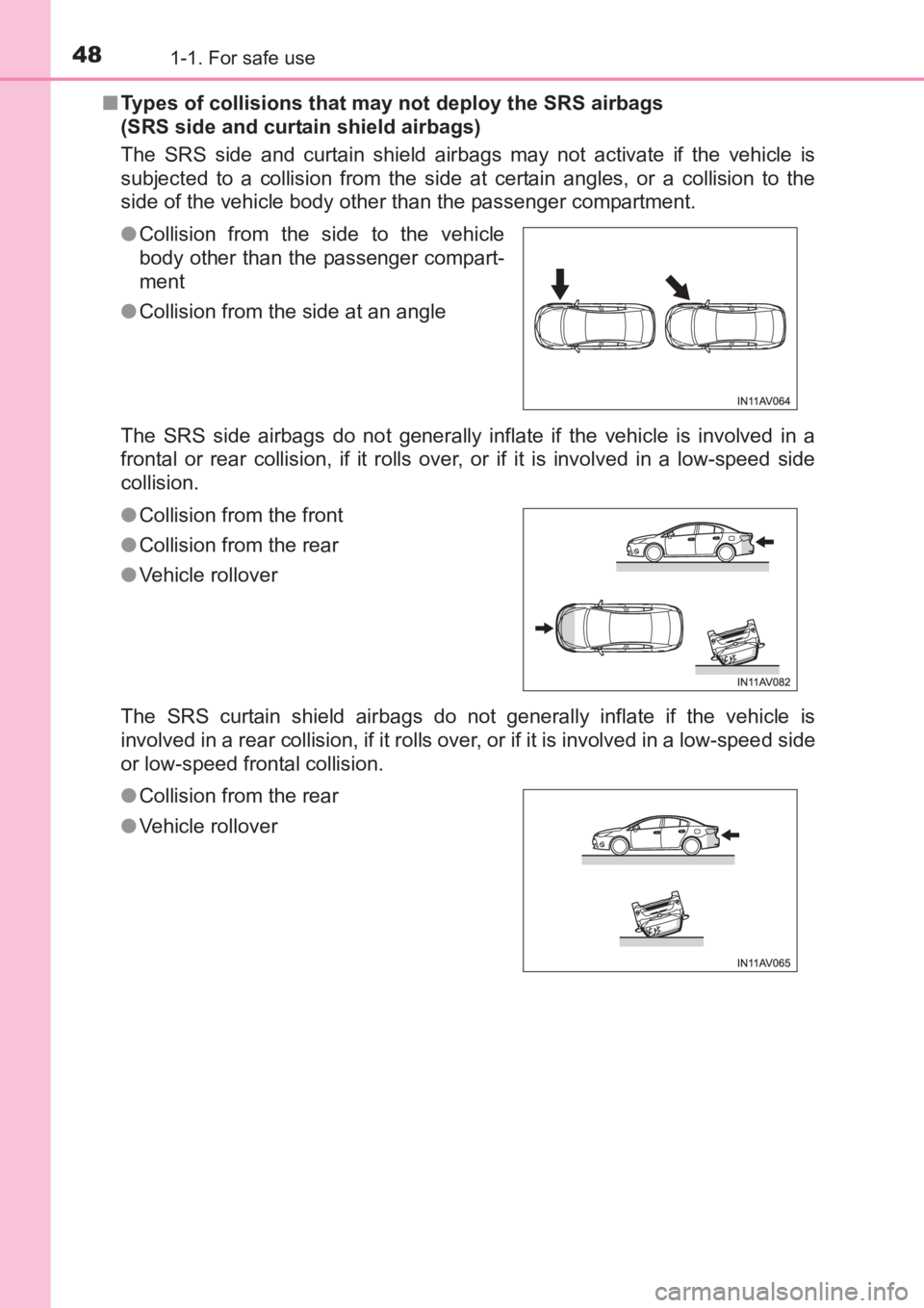 TOYOTA AVENSIS 2017 (in English) Service Manual 481-1. For safe use
AVENSIS_OM_OM20C66E_(EE)■
Types of collisions that may not deploy the SRS airbags
(SRS side and curtain shield airbags)
The SRS side and curtain shield airbags may not activate TOYOTA AVENSIS 2017 (in English) Service Manual 481-1. For safe use
AVENSIS_OM_OM20C66E_(EE)■
Types of collisions that may not deploy the SRS airbags
(SRS side and curtain shield airbags)
The SRS side and curtain shield airbags may not activate