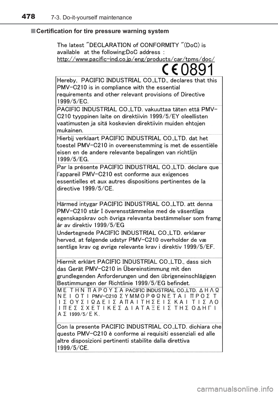 TOYOTA AVENSIS 2017  Owners Manual (in English) 4787-3. Do-it-yourself maintenance
AVENSIS_OM_OM20C66E_(EE)■
Certification for tire pressure warning system
AVENSIS_OM_OM20C66E_(EE).book  Page 478  Wednesday, June 15, 20 16  4:07 PM 