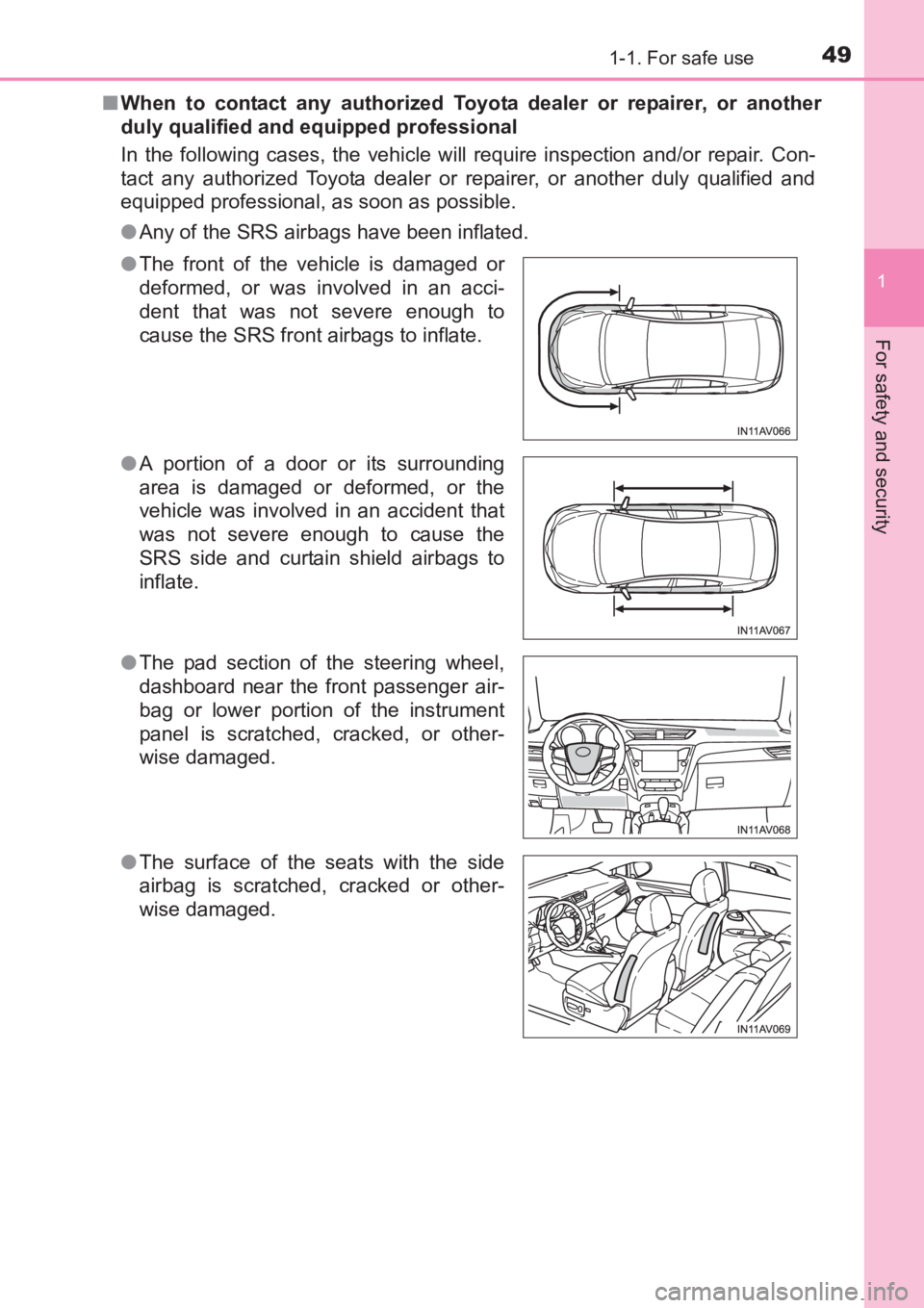 TOYOTA AVENSIS 2017  Owners Manual (in English) 491-1. For safe use
1
AVENSIS_OM_OM20C66E_(EE)
For safety and security
■When to contact any authorized Toyota dealer or repairer, or another
duly qualified and equipped professional
In the following