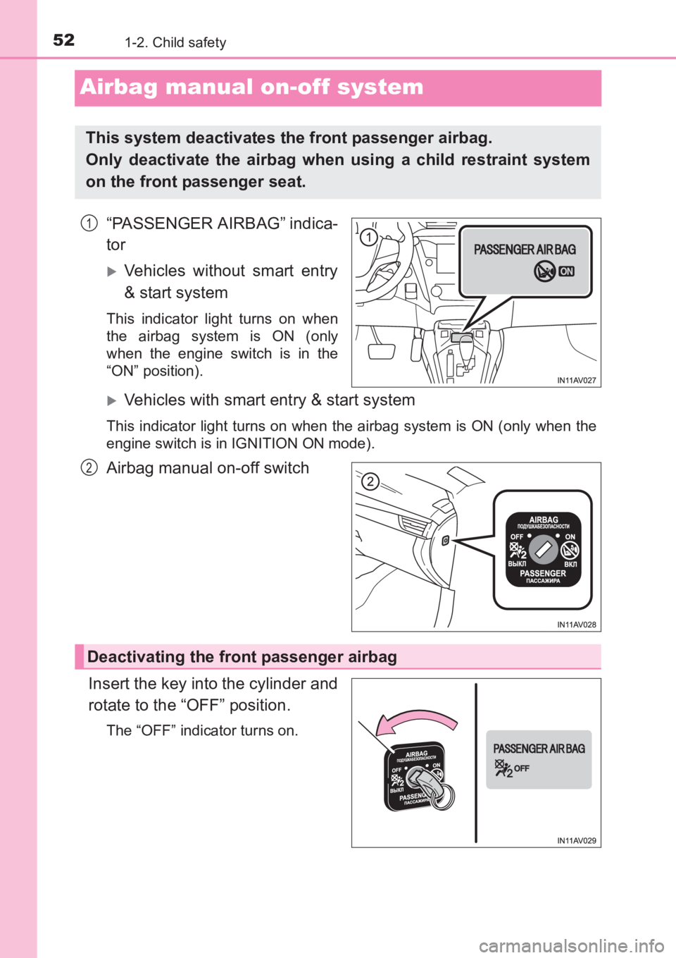 TOYOTA AVENSIS 2017   (in English) Workshop Manual 521-2. Child safety
AVENSIS_OM_OM20C66E_(EE)
Airbag manual on-off system
“PASSENGER AIRBAG” indica-
tor
�XVehicles without smart entry
& start system
This indicator light turns on when
the airbag 