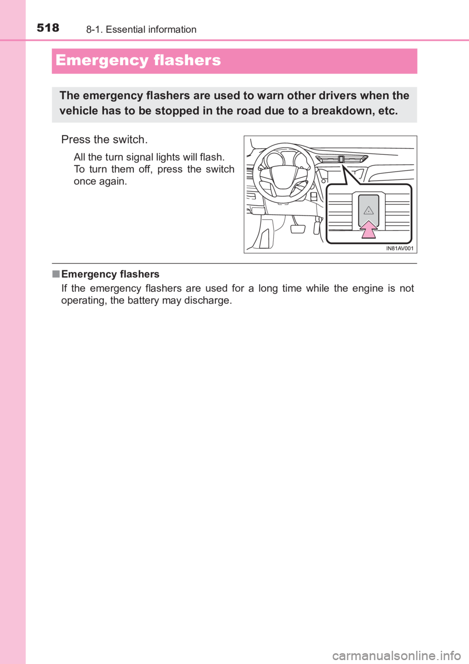 TOYOTA AVENSIS 2017 Owners Manual (in English) 5188-1. Essential information
AVENSIS_OM_OM20C66E_(EE)
Emergency flashers
Press the switch.
All the turn signal lights will flash.
To turn them off, press the switch
once again.
■Emergency flashers TOYOTA AVENSIS 2017 Owners Manual (in English) 5188-1. Essential information
AVENSIS_OM_OM20C66E_(EE)
Emergency flashers
Press the switch.
All the turn signal lights will flash.
To turn them off, press the switch
once again.
■Emergency flashers