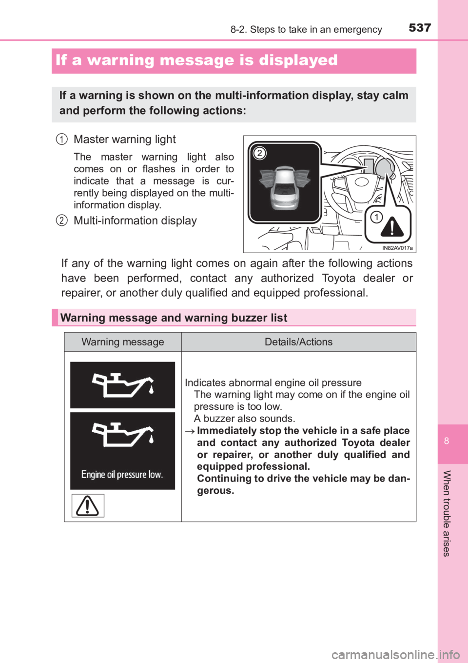 TOYOTA AVENSIS 2017 Owners Manual (in English) 5378-2. Steps to take in an emergency
AVENSIS_OM_OM20C66E_(EE)
8
When trouble arises
If a war ning message is displayed
Master warning light
The master warning light also
comes on or flashes in order TOYOTA AVENSIS 2017 Owners Manual (in English) 5378-2. Steps to take in an emergency
AVENSIS_OM_OM20C66E_(EE)
8
When trouble arises
If a war ning message is displayed
Master warning light
The master warning light also
comes on or flashes in order