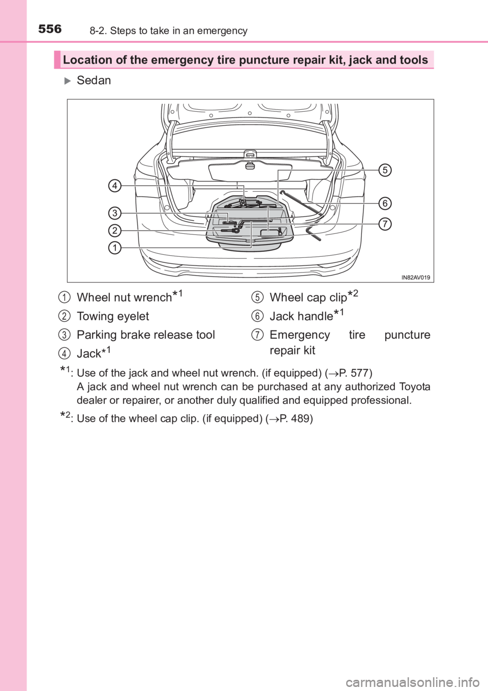 TOYOTA AVENSIS 2017  Owners Manual (in English) 5568-2. Steps to take in an emergency
AVENSIS_OM_OM20C66E_(EE)
�XSedan
*1: Use of the jack and wheel nut wrench. (if equipped) (→P. 577)
A jack and wheel nut wrench can be purchased at any authorize