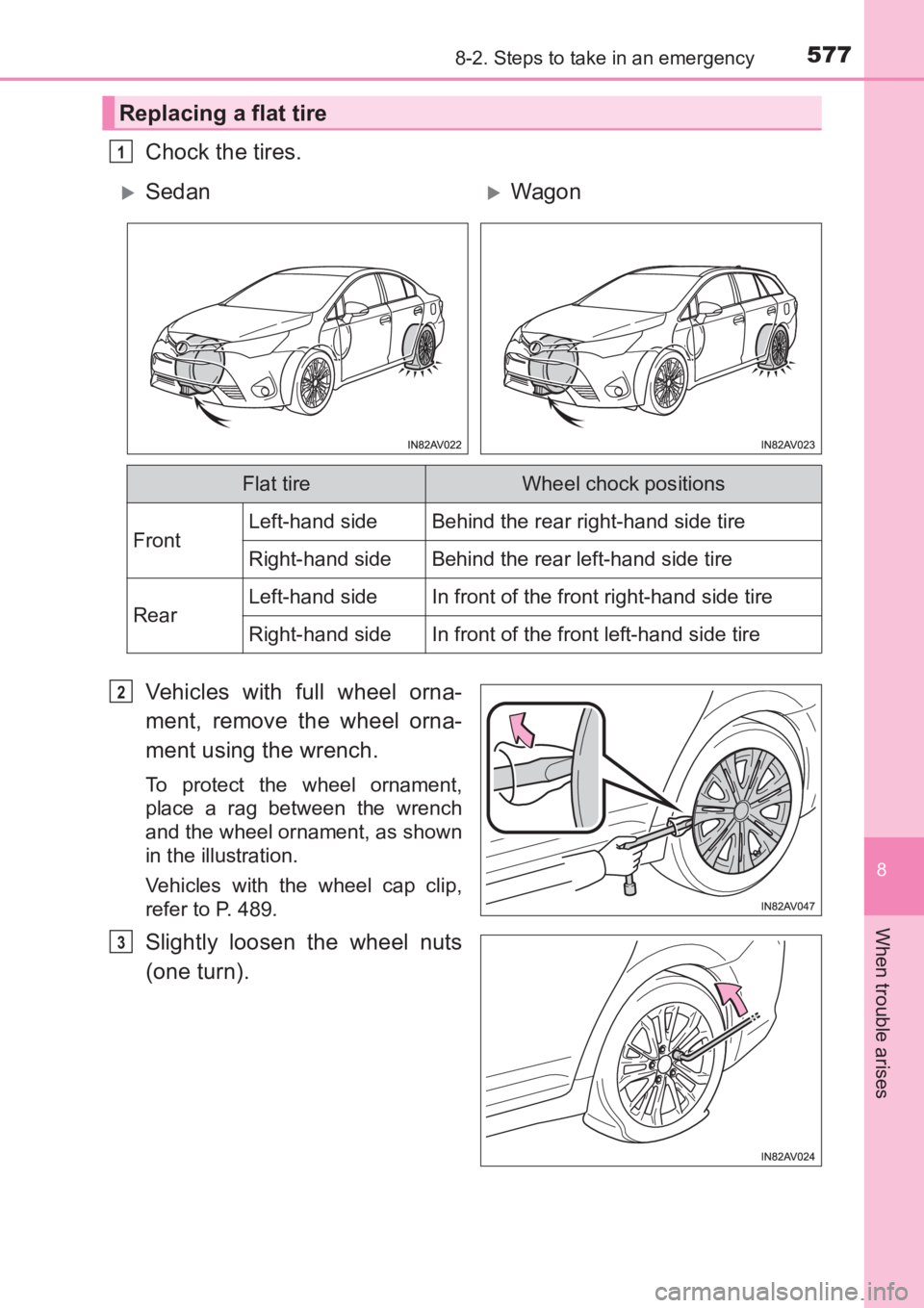 TOYOTA AVENSIS 2017  Owners Manual (in English) 5778-2. Steps to take in an emergency
AVENSIS_OM_OM20C66E_(EE)
8
When trouble arises
Chock the tires.
Vehicles with full wheel orna-
ment, remove the wheel orna-
ment using the wrench.
To protect the 