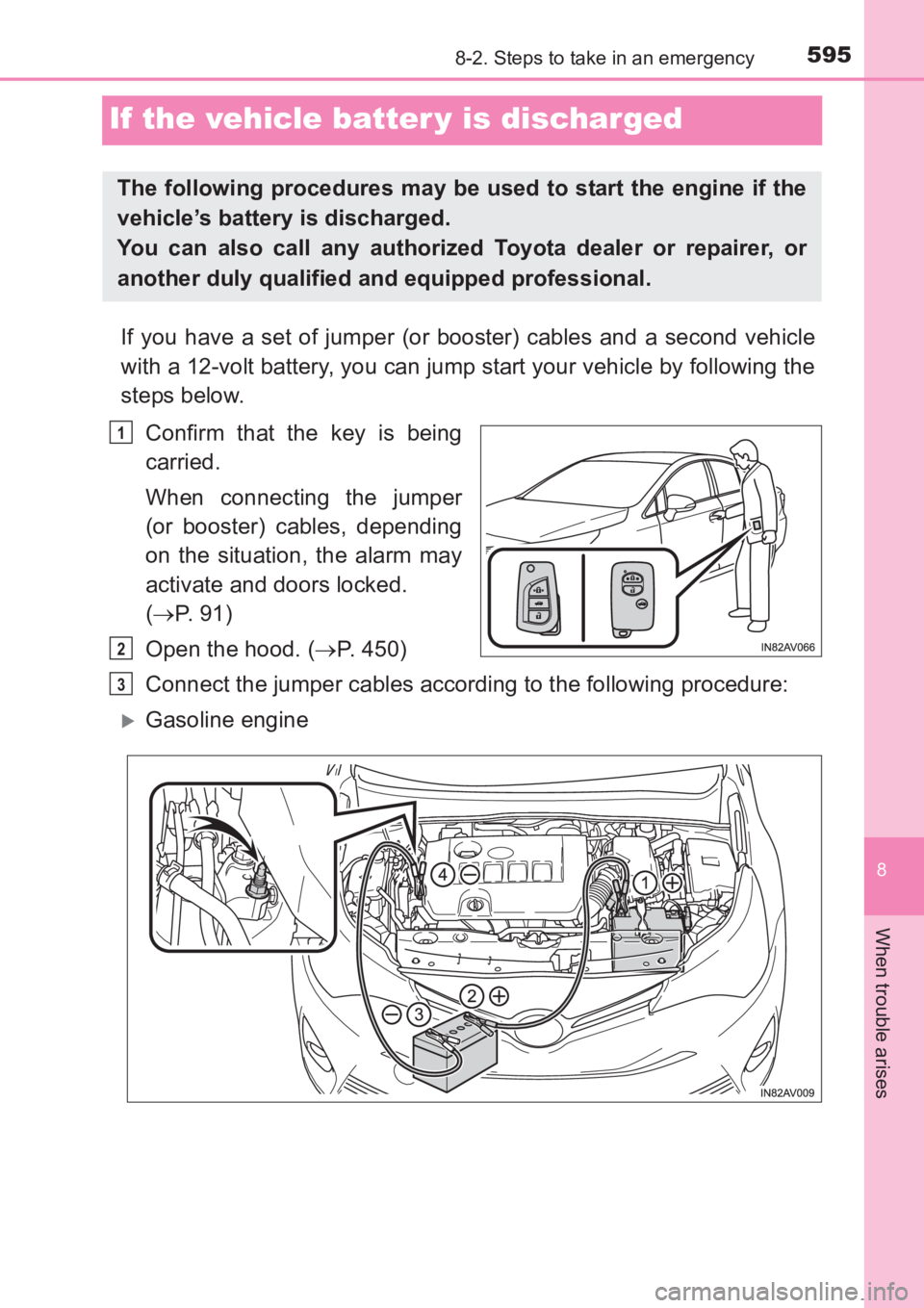 TOYOTA AVENSIS 2017  Owners Manual (in English) 5958-2. Steps to take in an emergency
AVENSIS_OM_OM20C66E_(EE)
8
When trouble arises
If the vehicle batter y is discharged
If you have a set of jumper (or booster) cables and a second vehicle
with a 1