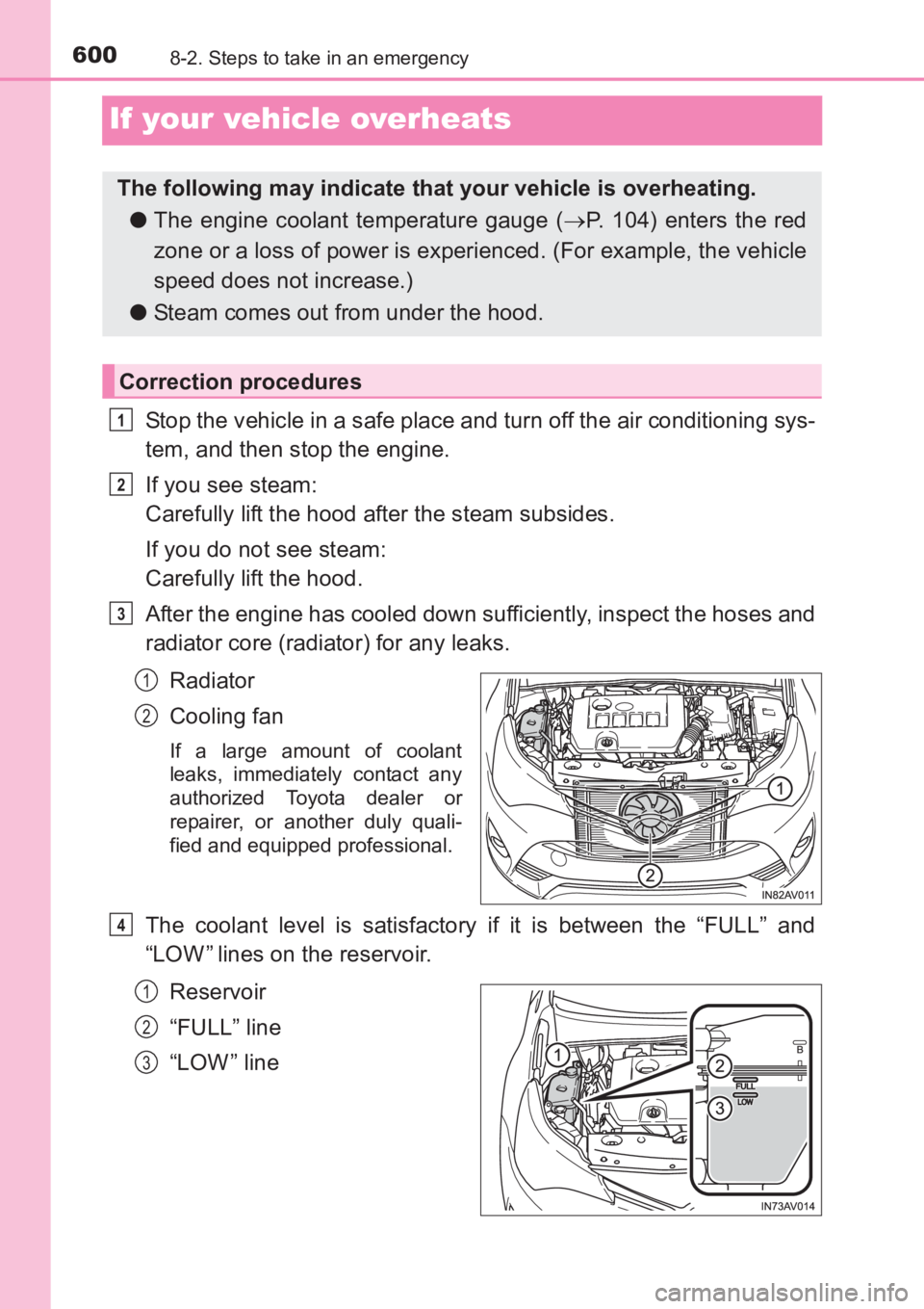 TOYOTA AVENSIS 2017  Owners Manual (in English) 6008-2. Steps to take in an emergency
AVENSIS_OM_OM20C66E_(EE)
If your vehicle overheats
Stop the vehicle in a safe place and turn off the air conditioning sys-
tem, and then stop the engine.
If you s
