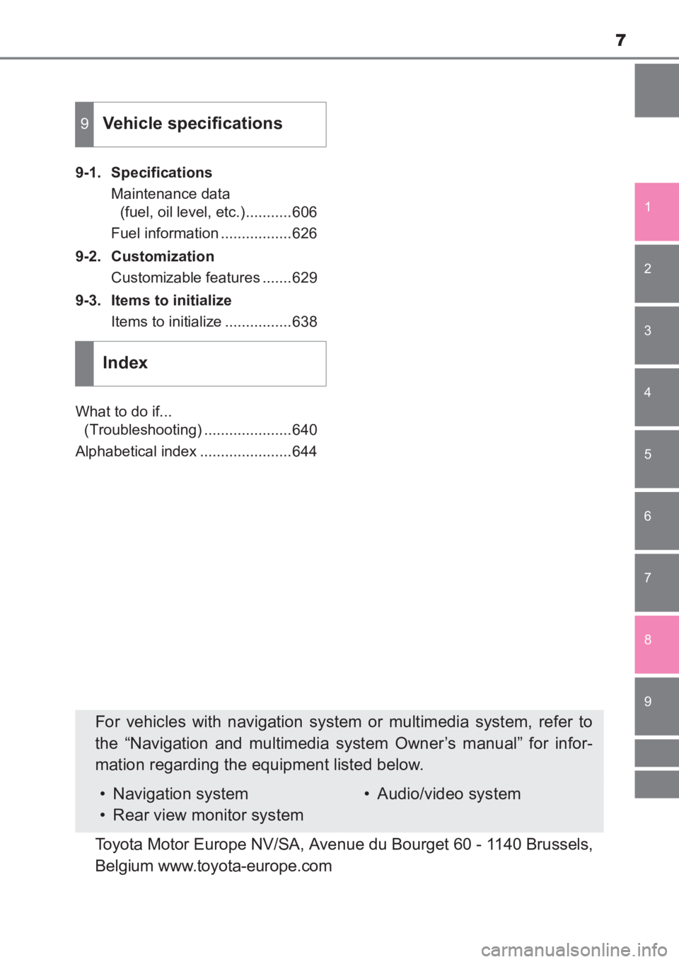 TOYOTA AVENSIS 2017 Owners Manual (in English) 7
1
8 6 5
4
3
2
AVENSIS_OM_OM20C66E_(EE)
9
7
9-1. SpecificationsMaintenance data (fuel, oil level, etc.)...........606
Fuel information .................626
9-2. Customization Customizable features .. TOYOTA AVENSIS 2017 Owners Manual (in English) 7
1
8 6 5
4
3
2
AVENSIS_OM_OM20C66E_(EE)
9
7
9-1. SpecificationsMaintenance data (fuel, oil level, etc.)...........606
Fuel information .................626
9-2. Customization Customizable features ..
