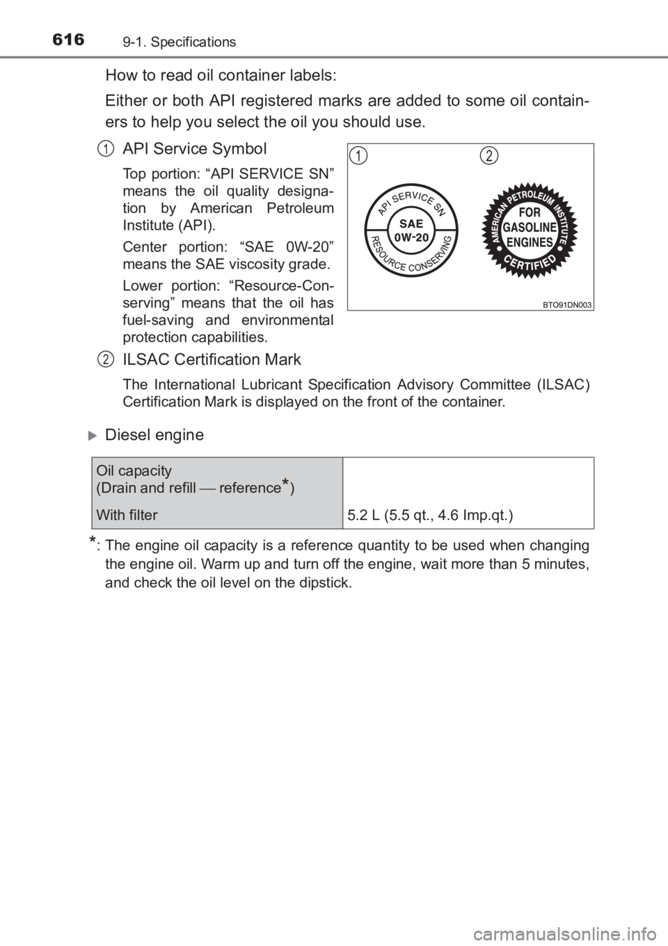 TOYOTA AVENSIS 2017  Owners Manual (in English) 6169-1. Specifications
AVENSIS_OM_OM20C66E_(EE)
How to read oil container labels:
Either or both API registered marks are added to some oil contain-
ers to help you select the oil you should use.API S