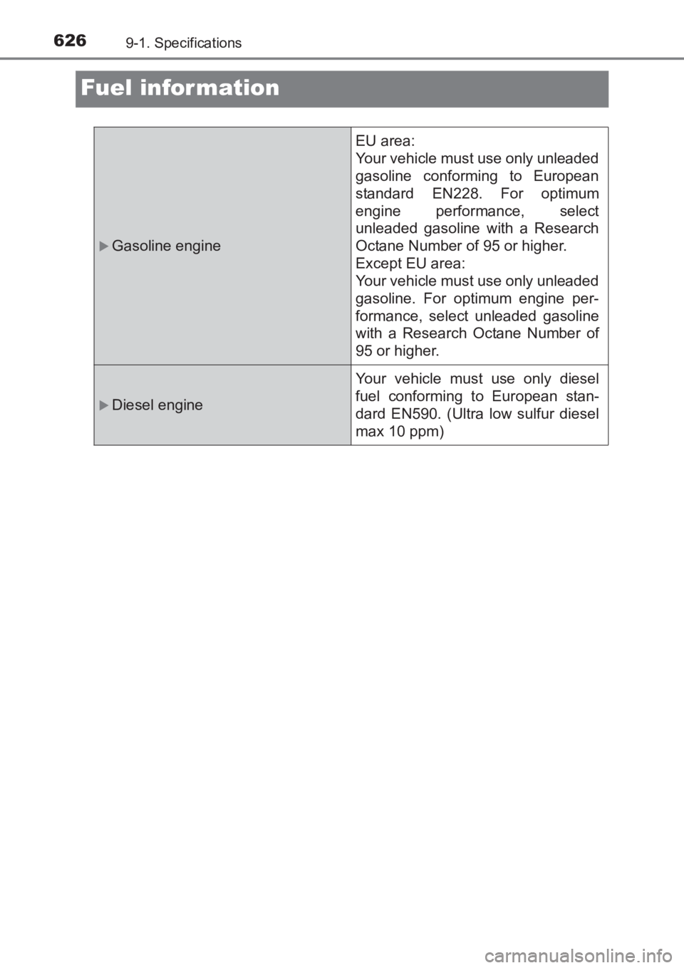 TOYOTA AVENSIS 2017  Owners Manual (in English) 6269-1. Specifications
AVENSIS_OM_OM20C66E_(EE)
Fuel infor mation
�XGasoline engine
EU area:
Your vehicle must use only unleaded
gasoline conforming to European
standard EN228. For optimum
engine perf