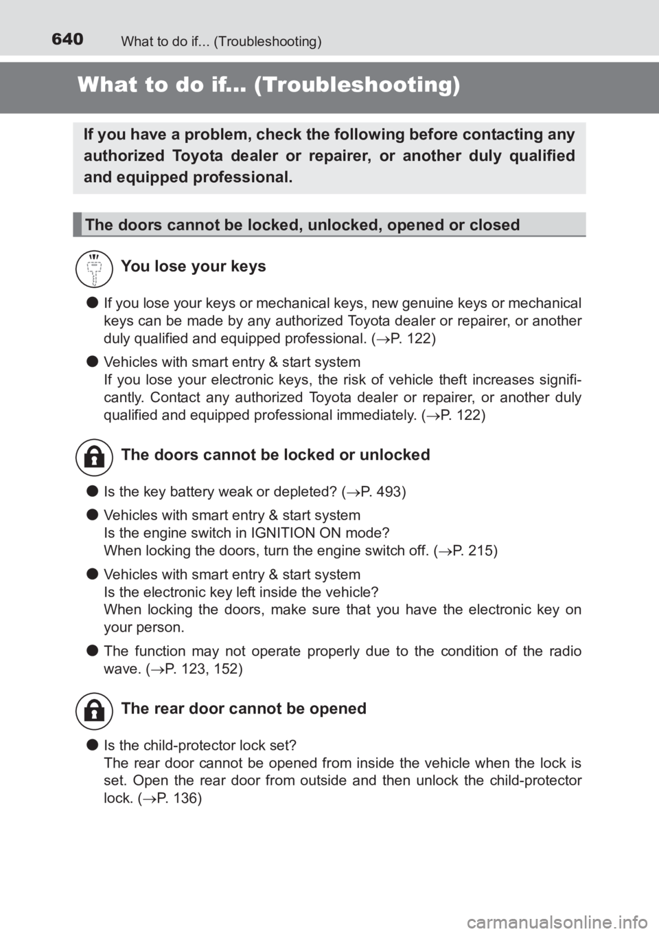 TOYOTA AVENSIS 2017  Owners Manual (in English) 640What to do if... (Troubleshooting)
AVENSIS_OM_OM20C66E_(EE)
What to do if... (Troubleshooting)
●If you lose your keys or mechanical keys, new genuine keys or mechanical
keys can be made by any au