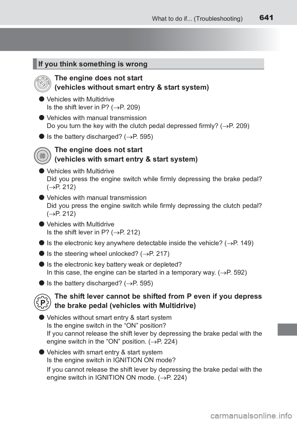 TOYOTA AVENSIS 2017 Owners Manual (in English) 641What to do if... (Troubleshooting)
AVENSIS_OM_OM20C66E_(EE)
●Vehicles with Multidrive
Is the shift lever in P? (→P. 209)
●Vehicles with manual transmission
Do you turn the key with the clutch TOYOTA AVENSIS 2017 Owners Manual (in English) 641What to do if... (Troubleshooting)
AVENSIS_OM_OM20C66E_(EE)
●Vehicles with Multidrive
Is the shift lever in P? (→P. 209)
●Vehicles with manual transmission
Do you turn the key with the clutch