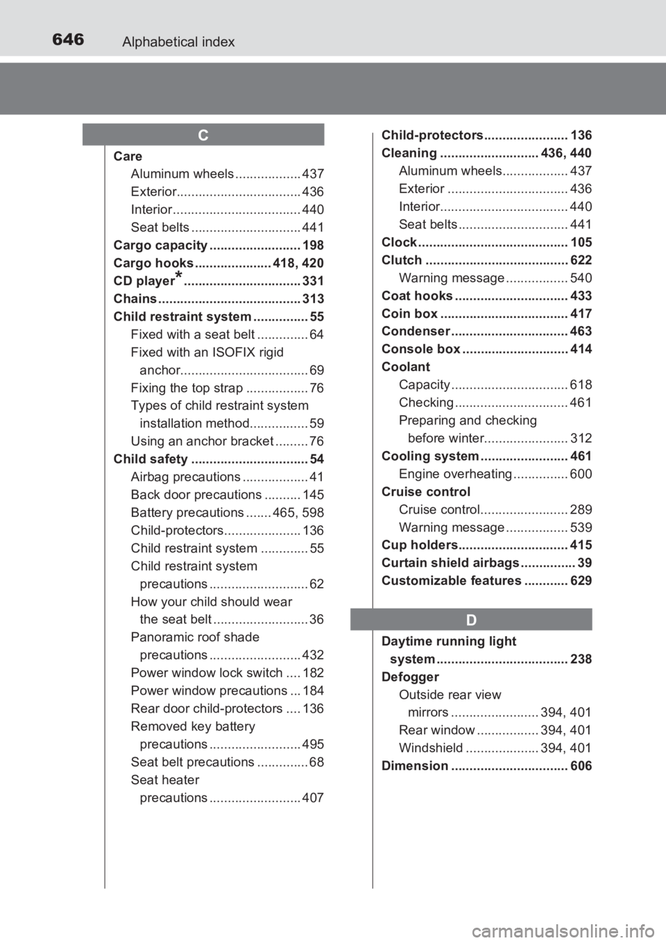TOYOTA AVENSIS 2017 Owners Manual (in English) 646Alphabetical index
AVENSIS_OM_OM20C66E_(EE)
CareAluminum wheels .................. 437
Exterior.................................. 436
Interior ................................... 440
Seat belts ... TOYOTA AVENSIS 2017 Owners Manual (in English) 646Alphabetical index
AVENSIS_OM_OM20C66E_(EE)
CareAluminum wheels .................. 437
Exterior.................................. 436
Interior ................................... 440
Seat belts ...