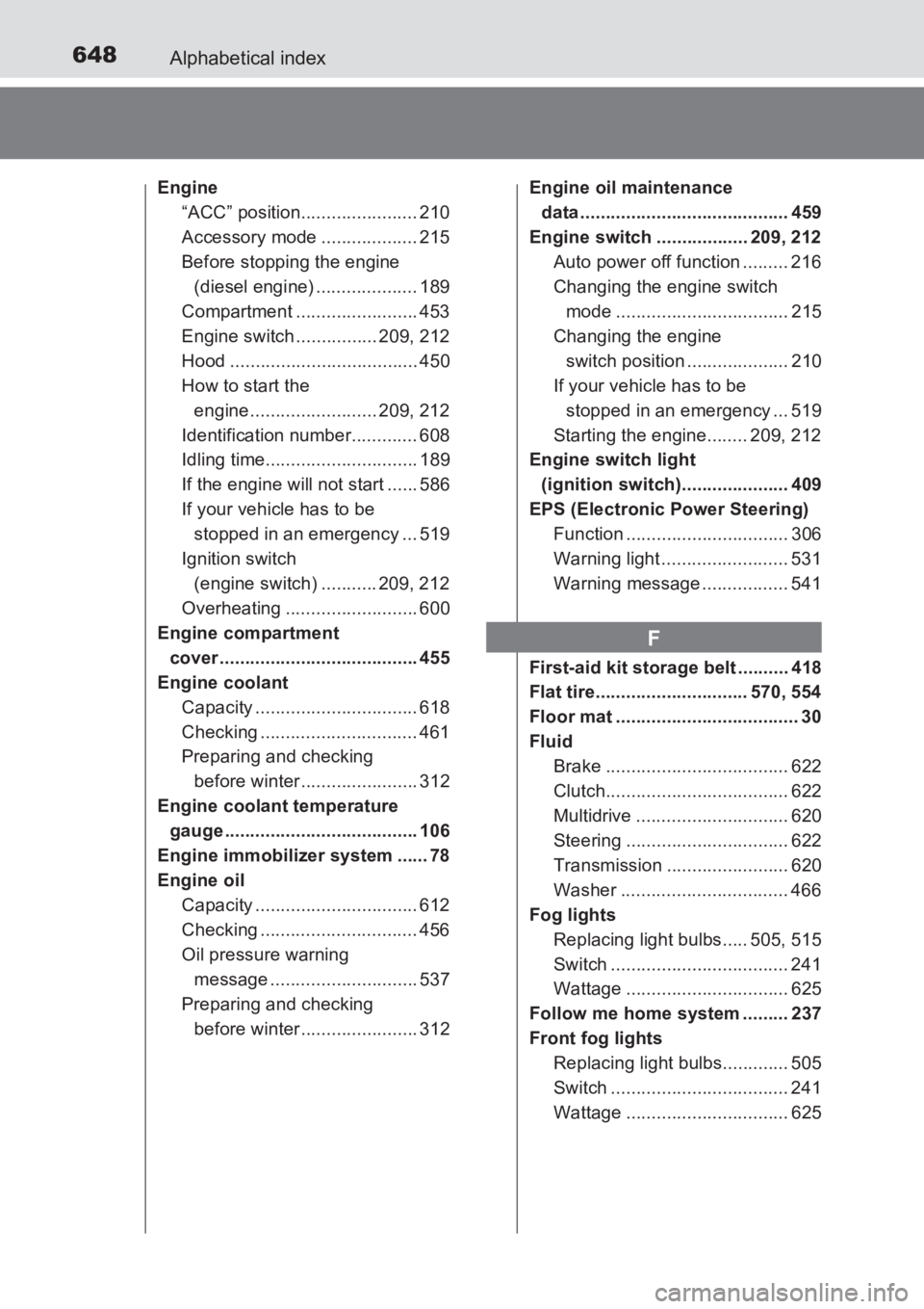 TOYOTA AVENSIS 2017 Owners Manual (in English) 648Alphabetical index
AVENSIS_OM_OM20C66E_(EE)
Engine“ACC” position....................... 210
Accessory mode ................... 215
Before stopping the engine (diesel engine) ................... TOYOTA AVENSIS 2017 Owners Manual (in English) 648Alphabetical index
AVENSIS_OM_OM20C66E_(EE)
Engine“ACC” position....................... 210
Accessory mode ................... 215
Before stopping the engine (diesel engine) ...................
