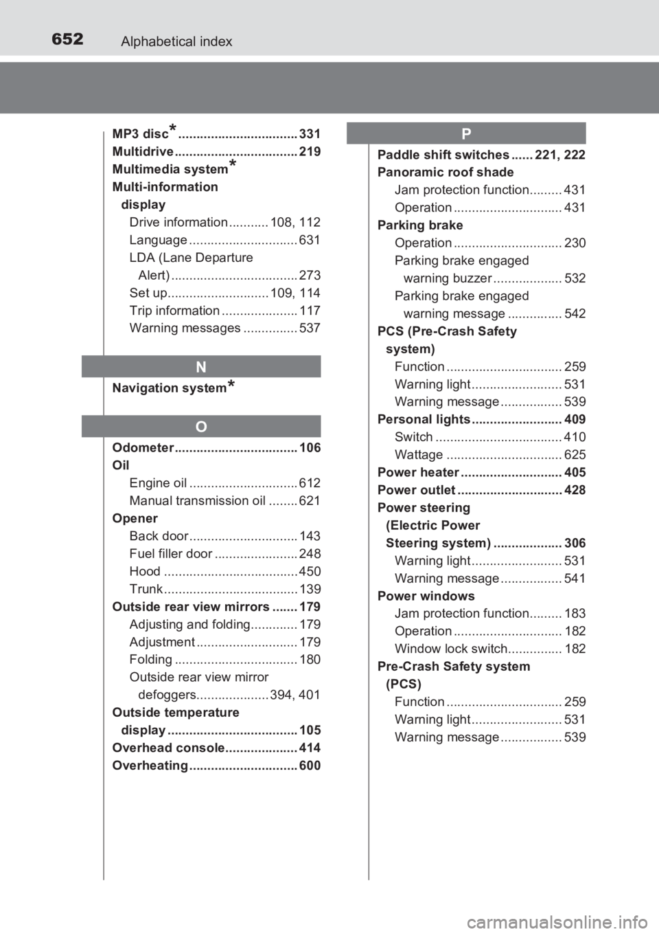 TOYOTA AVENSIS 2017  Owners Manual (in English) 652Alphabetical index
AVENSIS_OM_OM20C66E_(EE)
MP3 disc*................................. 331
Multidrive .................................. 219
Multimedia system
*
Multi-information  display
Drive inf