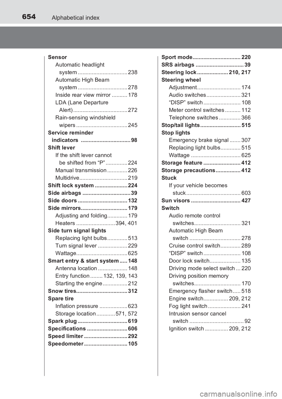 TOYOTA AVENSIS 2017  Owners Manual (in English) 654Alphabetical index
AVENSIS_OM_OM20C66E_(EE)
SensorAutomatic headlight system ................................ 238
Automatic High Beam  system ................................ 278
Inside rear view m
