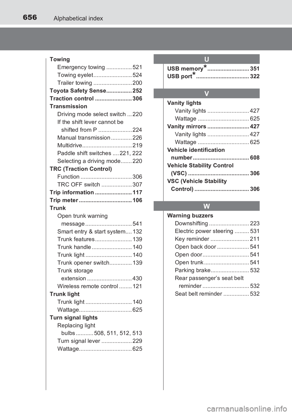 TOYOTA AVENSIS 2017  Owners Manual (in English) 656Alphabetical index
AVENSIS_OM_OM20C66E_(EE)
TowingEmergency towing ................ 521
Towing eyelet ........................ 524
Trailer towing ........................ 200
Toyota Safety Sense...