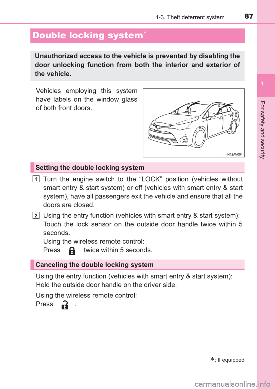 TOYOTA AVENSIS 2017 (in English) Manual Online 87
1
1-3. Theft deterrent system
AVENSIS_OM_OM20C66E_(EE)
For safety and security
Double locking system∗
Vehicles employing this system
have labels on the window glass
of both front doors.Turn the e TOYOTA AVENSIS 2017 (in English) Manual Online 87
1
1-3. Theft deterrent system
AVENSIS_OM_OM20C66E_(EE)
For safety and security
Double locking system∗
Vehicles employing this system
have labels on the window glass
of both front doors.Turn the e