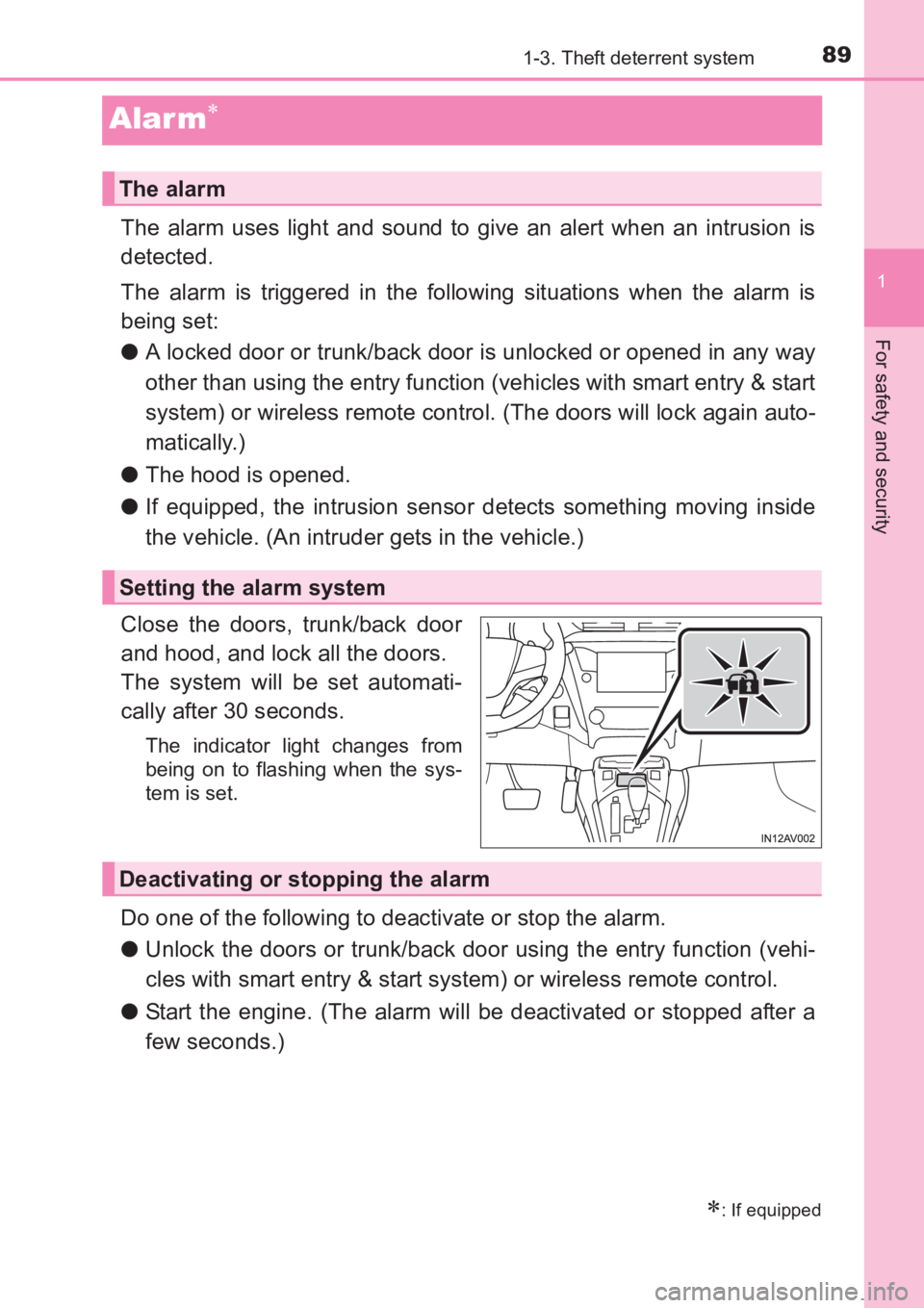 TOYOTA AVENSIS 2017  Owners Manual (in English) 89
1
1-3. Theft deterrent system
AVENSIS_OM_OM20C66E_(EE)
For safety and security
Alar m∗
The alarm uses light and sound to give an alert when an intrusion is
detected.
The alarm is triggered in the