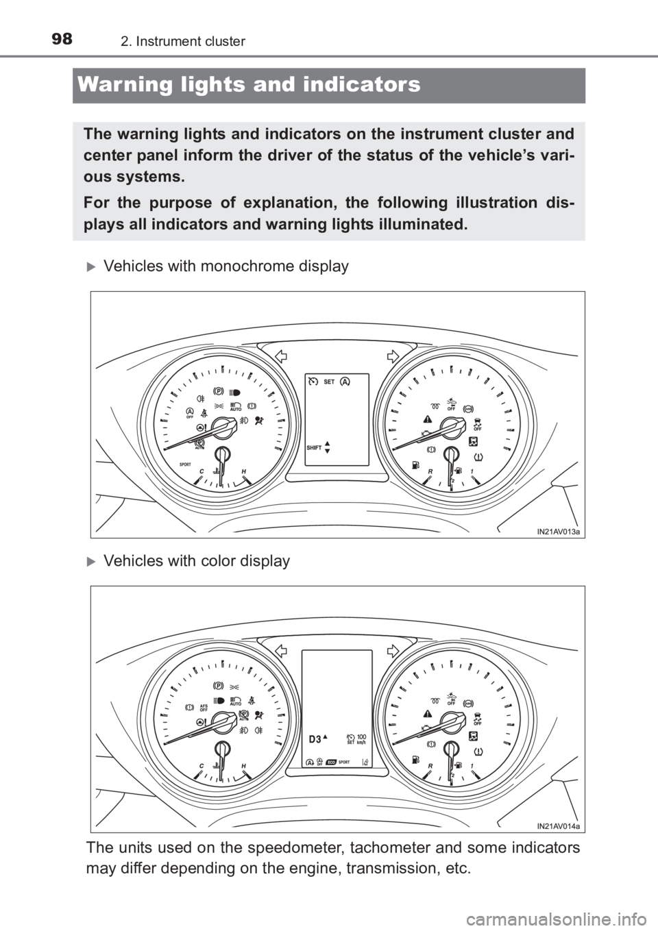 TOYOTA AVENSIS 2017  Owners Manual (in English) 982. Instrument cluster
AVENSIS_OM_OM20C66E_(EE)
War ning lights and indicators
�XVehicles with monochrome display
�XVehicles with color display
The units used on the speedometer, tachometer and some 