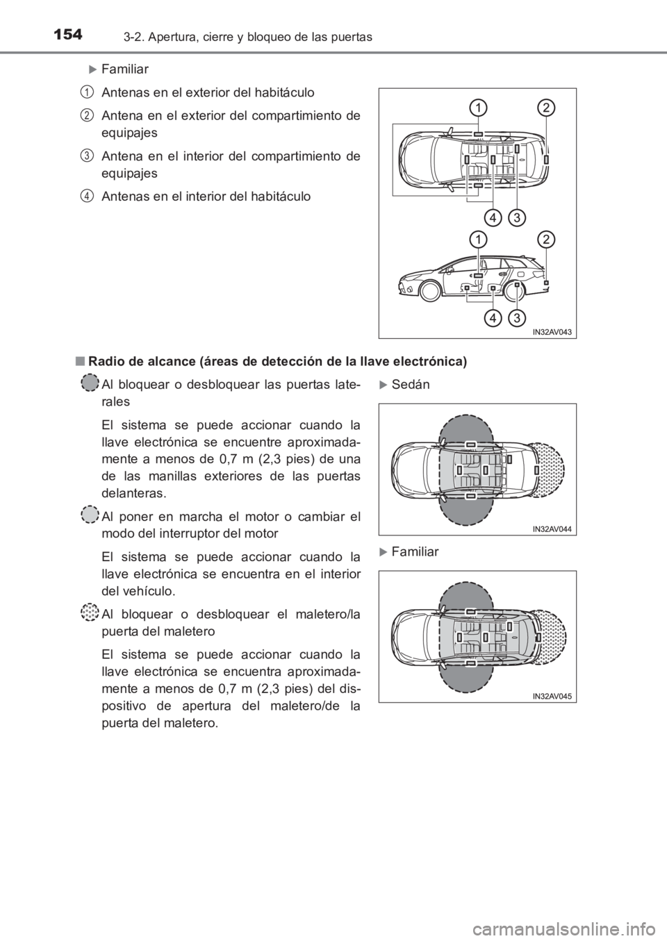 TOYOTA AVENSIS 2017  Manuale de Empleo (in Spanish) 1543-2. Apertura, cierre y bloqueo de las puertas
AVENSIS_OM_OM20C69S_(ES)
�XFamiliar
■ Radio de alcance (áreas de detección de la llave electrónica)Antenas en el exterior del habitáculo
Antena 