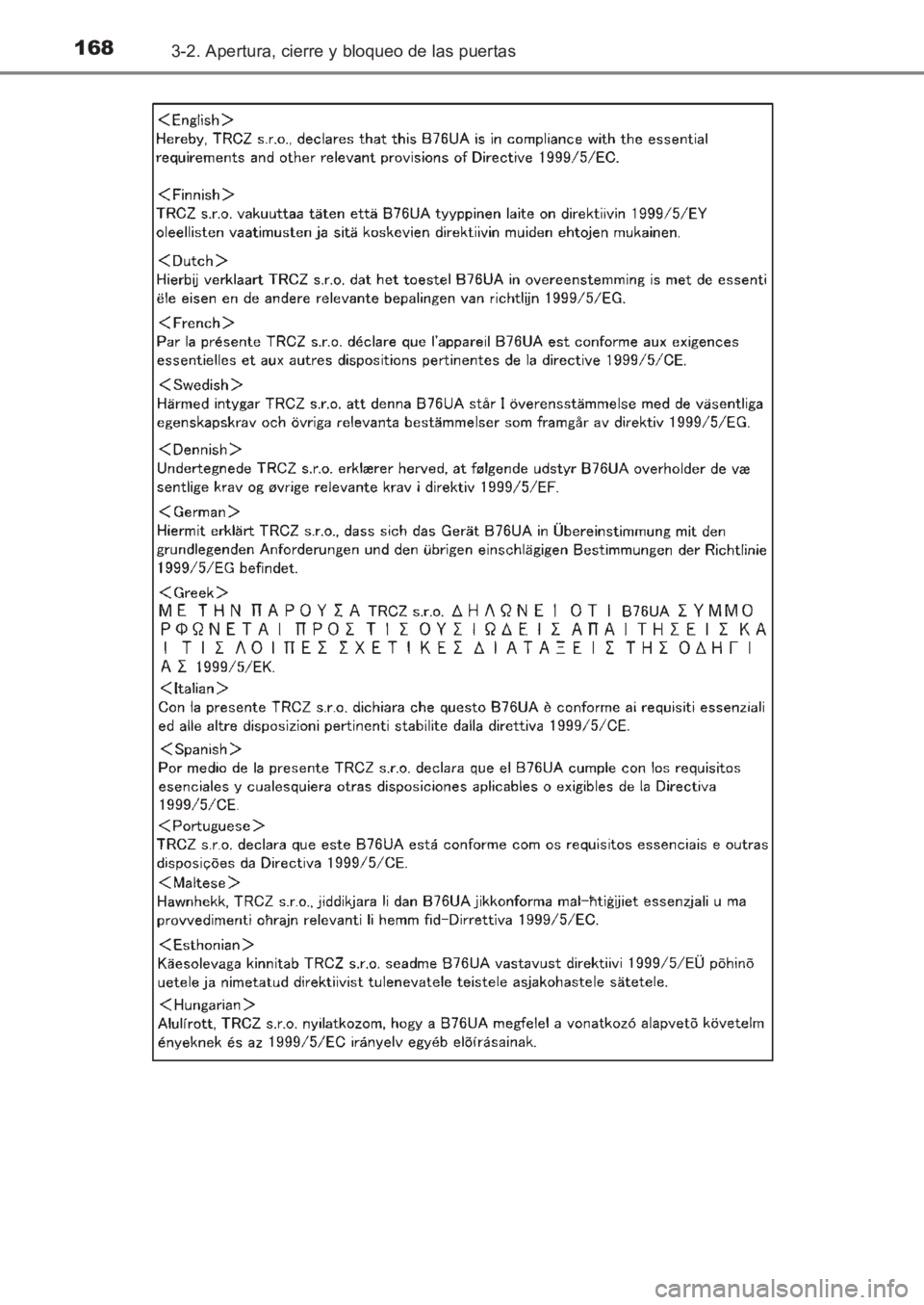 TOYOTA AVENSIS 2017  Manuale de Empleo (in Spanish) 1683-2. Apertura, cierre y bloqueo de las puertas
AVENSIS_OM_OM20C69S_(ES)
AVENSIS_OM_OM20C69S_(ES).book  Page 168  Wednesday, June 15, 2016  12:26 PM 