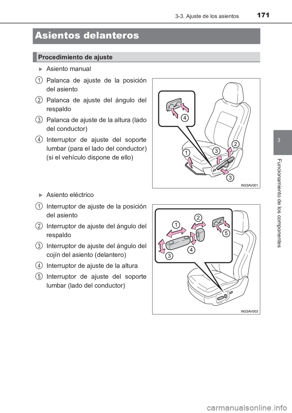 TOYOTA AVENSIS 2017  Manuale de Empleo (in Spanish) 171
3
3-3. Ajuste de los asientos
Funcionamiento de los componentes
AVENSIS_OM_OM20C69S_(ES)
Asientos delanteros
�XAsiento manual
Palanca de ajuste de la posición
del asiento
Palanca de ajuste del á