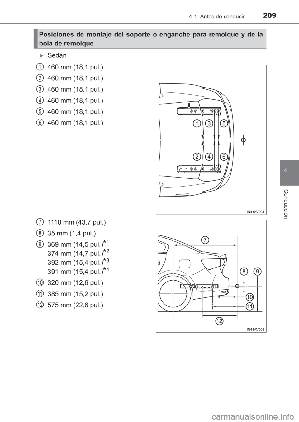 TOYOTA AVENSIS 2017  Manuale de Empleo (in Spanish) 2094-1. Antes de conducir
4
Conducción
AVENSIS_OM_OM20C69S_(ES)
�XSedán
460 mm (18,1 pul.)
460 mm (18,1 pul.)
460 mm (18,1 pul.)
460 mm (18,1 pul.)
460 mm (18,1 pul.)
460 mm (18,1 pul.)
1110 mm (43,