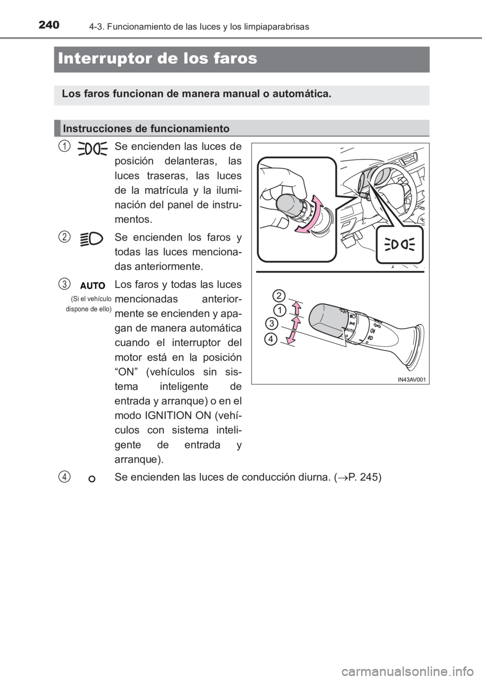 TOYOTA AVENSIS 2017 Manuale de Empleo (in Spanish) 2404-3. Funcionamiento de las luces y los limpiaparabrisas
AVENSIS_OM_OM20C69S_(ES)
Interruptor de los faros
Se encienden las luces de
posición delanteras, las
luces traseras, las luces
de la matríc TOYOTA AVENSIS 2017 Manuale de Empleo (in Spanish) 2404-3. Funcionamiento de las luces y los limpiaparabrisas
AVENSIS_OM_OM20C69S_(ES)
Interruptor de los faros
Se encienden las luces de
posición delanteras, las
luces traseras, las luces
de la matríc