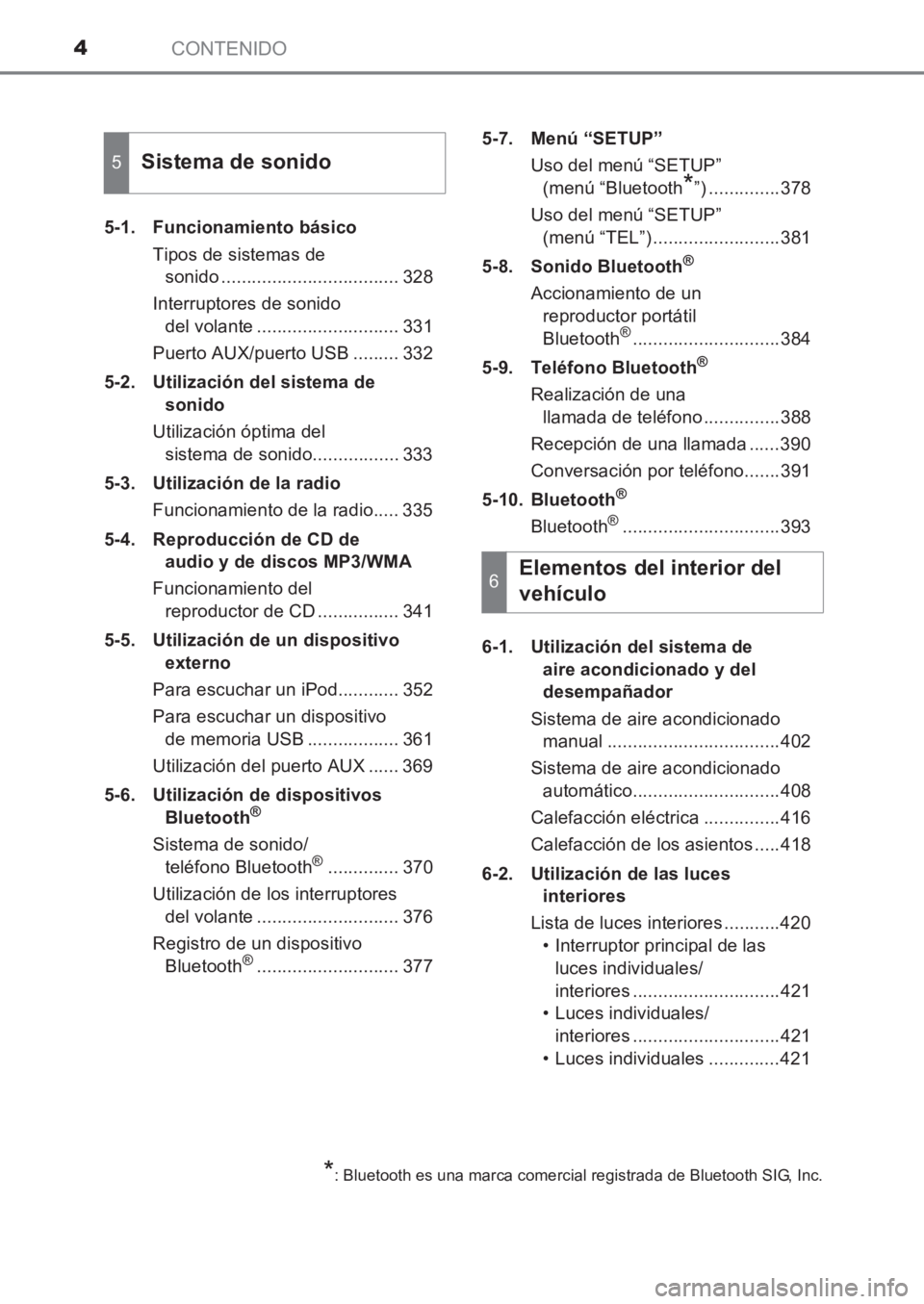 TOYOTA AVENSIS 2017 Manuale de Empleo (in Spanish) CONTENIDO4
AVENSIS_OM_OM20C69S_(ES)5-1. Funcionamiento básico
Tipos de sistemas de sonido ................................... 328
Interruptores de sonido del volante ............................ 331 TOYOTA AVENSIS 2017 Manuale de Empleo (in Spanish) CONTENIDO4
AVENSIS_OM_OM20C69S_(ES)5-1. Funcionamiento básico
Tipos de sistemas de sonido ................................... 328
Interruptores de sonido del volante ............................ 331