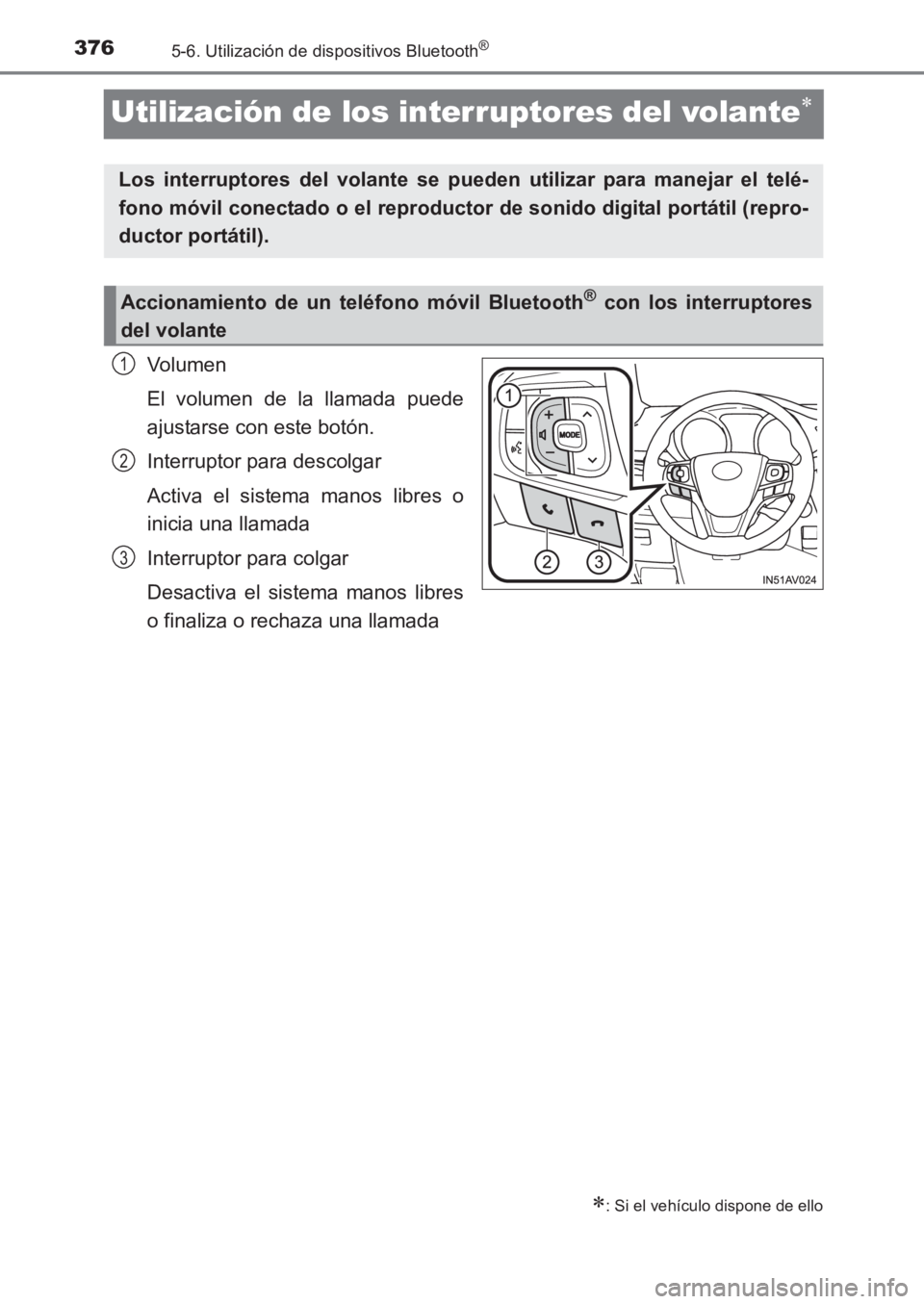 TOYOTA AVENSIS 2017  Manuale de Empleo (in Spanish) 3765-6. Utilización de dispositivos Bluetooth®
AVENSIS_OM_OM20C69S_(ES)
Utilización de los interruptores del volante∗
Volumen
El volumen de la llamada puede
ajustarse con este botón.
Interruptor