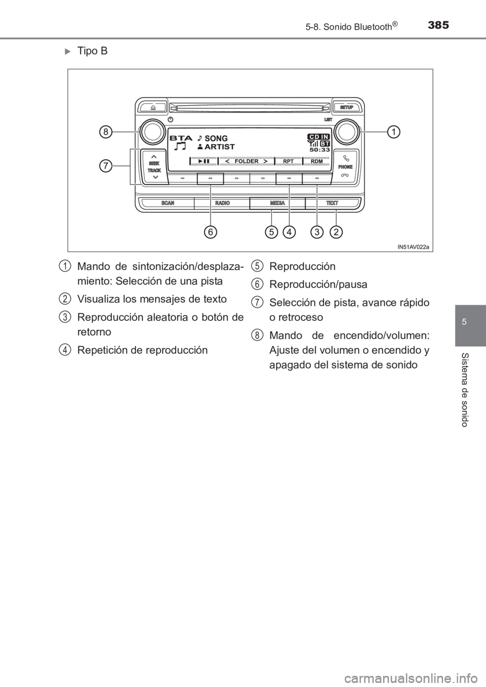 TOYOTA AVENSIS 2017  Manuale de Empleo (in Spanish) 3855-8. Sonido Bluetooth®
5
Sistema de sonido
AVENSIS_OM_OM20C69S_(ES)
�XTipo B
Mando de sintonización/desplaza-
miento: Selección de una pista
Visualiza los mensajes de texto
Reproducción aleator