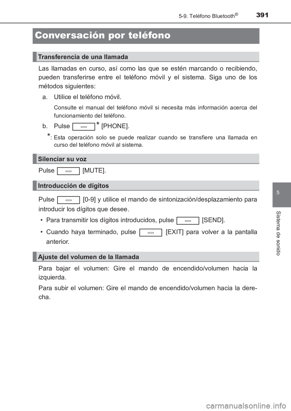 TOYOTA AVENSIS 2017 Manuale de Empleo (in Spanish) 391
5
5-9. Teléfono Bluetooth®
Sistema de sonido
AVENSIS_OM_OM20C69S_(ES)
Conversación por teléfono
Las llamadas en curso, así como las que se estén marcando o recibiendo,
pueden transferirse en TOYOTA AVENSIS 2017 Manuale de Empleo (in Spanish) 391
5
5-9. Teléfono Bluetooth®
Sistema de sonido
AVENSIS_OM_OM20C69S_(ES)
Conversación por teléfono
Las llamadas en curso, así como las que se estén marcando o recibiendo,
pueden transferirse en