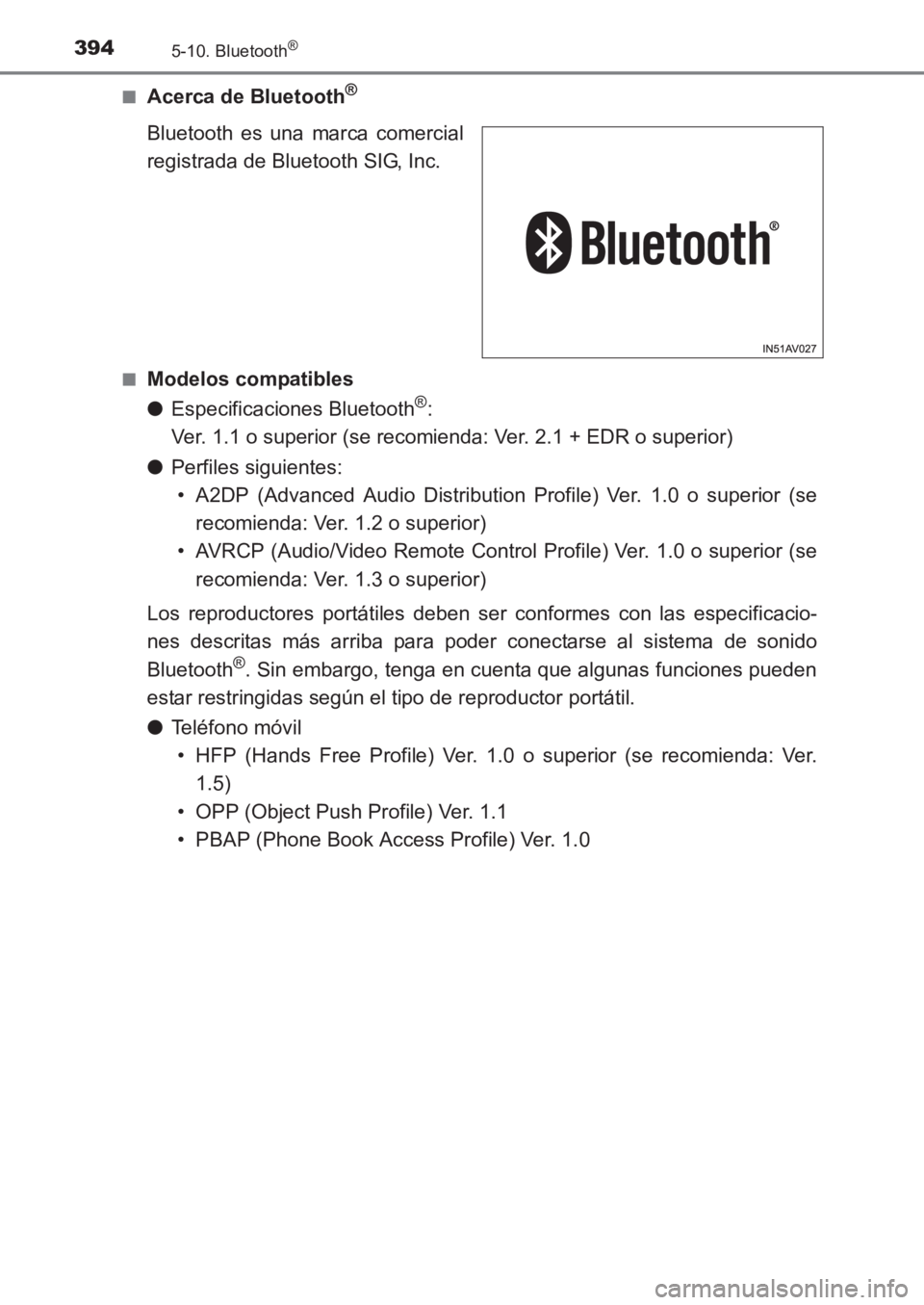 TOYOTA AVENSIS 2017 Manuale de Empleo (in Spanish) 3945-10. Bluetooth®
AVENSIS_OM_OM20C69S_(ES)■
Acerca de Bluetooth®
Bluetooth es una marca comercial
registrada de Bluetooth SIG, Inc.
■Modelos compatibles
●
Especificaciones Bluetooth
®:
Ver TOYOTA AVENSIS 2017 Manuale de Empleo (in Spanish) 3945-10. Bluetooth®
AVENSIS_OM_OM20C69S_(ES)■
Acerca de Bluetooth®
Bluetooth es una marca comercial
registrada de Bluetooth SIG, Inc.
■Modelos compatibles
●
Especificaciones Bluetooth
®:
Ver