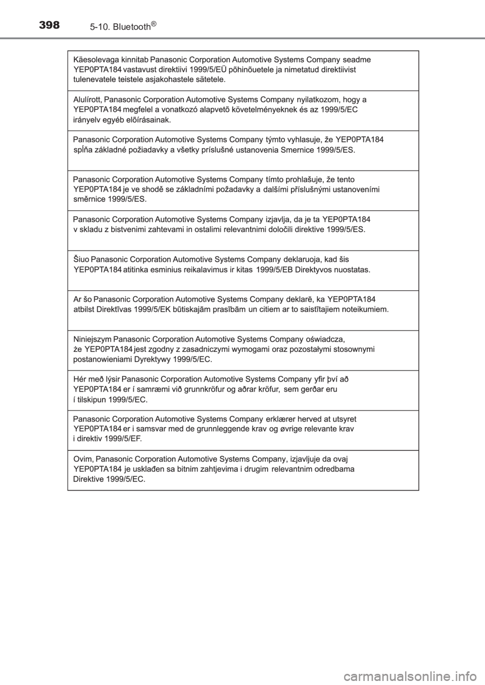 TOYOTA AVENSIS 2017  Manuale de Empleo (in Spanish) 3985-10. Bluetooth®
AVENSIS_OM_OM20C69S_(ES)
AVENSIS_OM_OM20C69S_(ES).book  Page 398  Wednesday, June 15, 2016  12:26 PM 
