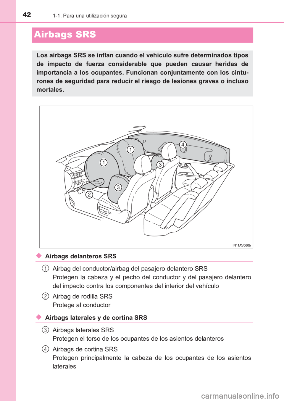 TOYOTA AVENSIS 2017 Manuale de Empleo (in Spanish) 421-1. Para una utilización segura
AVENSIS_OM_OM20C69S_(ES)
Airbags SRS
◆Airbags delanteros SRSAirbag del conductor/airbag del pasajero delantero SRS
Protegen la cabeza y el pecho del conductor y TOYOTA AVENSIS 2017 Manuale de Empleo (in Spanish) 421-1. Para una utilización segura
AVENSIS_OM_OM20C69S_(ES)
Airbags SRS
◆Airbags delanteros SRSAirbag del conductor/airbag del pasajero delantero SRS
Protegen la cabeza y el pecho del conductor y