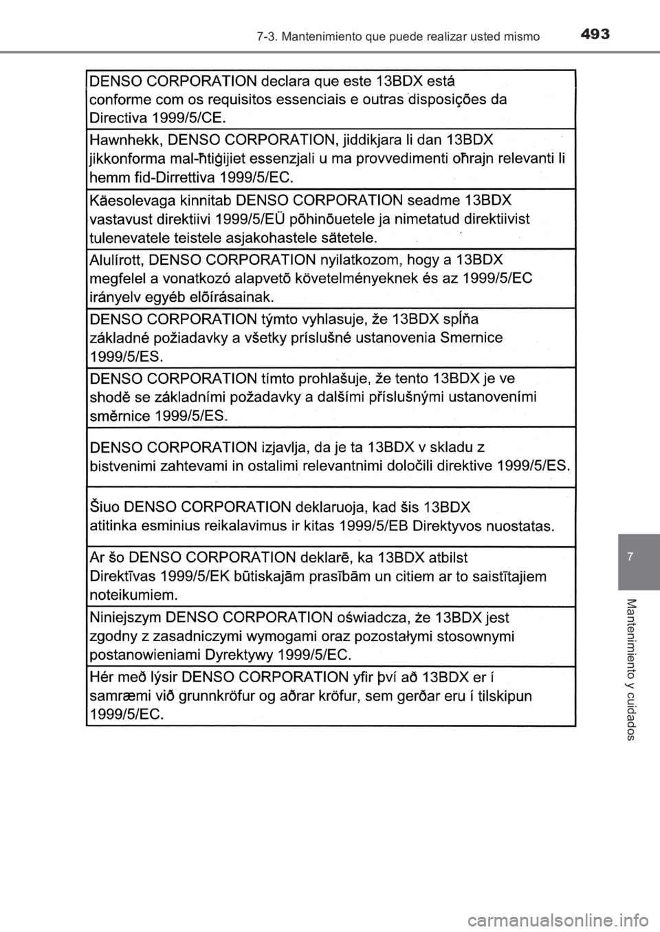 TOYOTA AVENSIS 2017 Manuale de Empleo (in Spanish) 4937-3. Mantenimiento que puede realizar usted mismo
AVENSIS_OM_OM20C69S_(ES)
7
Mantenimiento y cuidados
AVENSIS_OM_OM20C69S_(ES).book Page 493 Wednesday, June 15, 2016 12:26 PM TOYOTA AVENSIS 2017 Manuale de Empleo (in Spanish) 4937-3. Mantenimiento que puede realizar usted mismo
AVENSIS_OM_OM20C69S_(ES)
7
Mantenimiento y cuidados
AVENSIS_OM_OM20C69S_(ES).book Page 493 Wednesday, June 15, 2016 12:26 PM