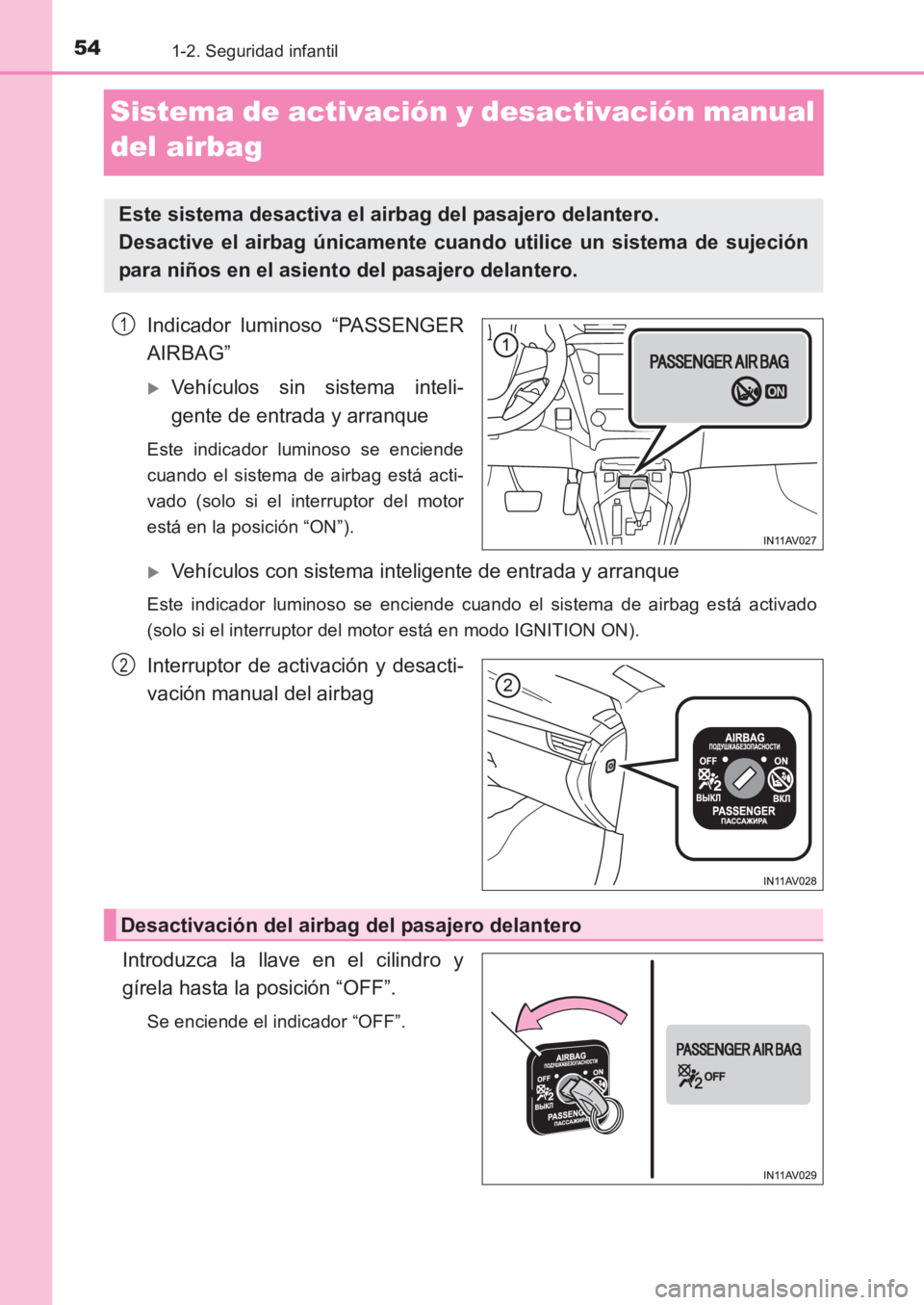 TOYOTA AVENSIS 2017  Manuale de Empleo (in Spanish) 541-2. Seguridad infantil
AVENSIS_OM_OM20C69S_(ES)
Sistema de activación y desactivación manual 
del airbag
Indicador luminoso “PASSENGER
AIRBAG”
�XVehículos sin sistema inteli-
gente de entrad