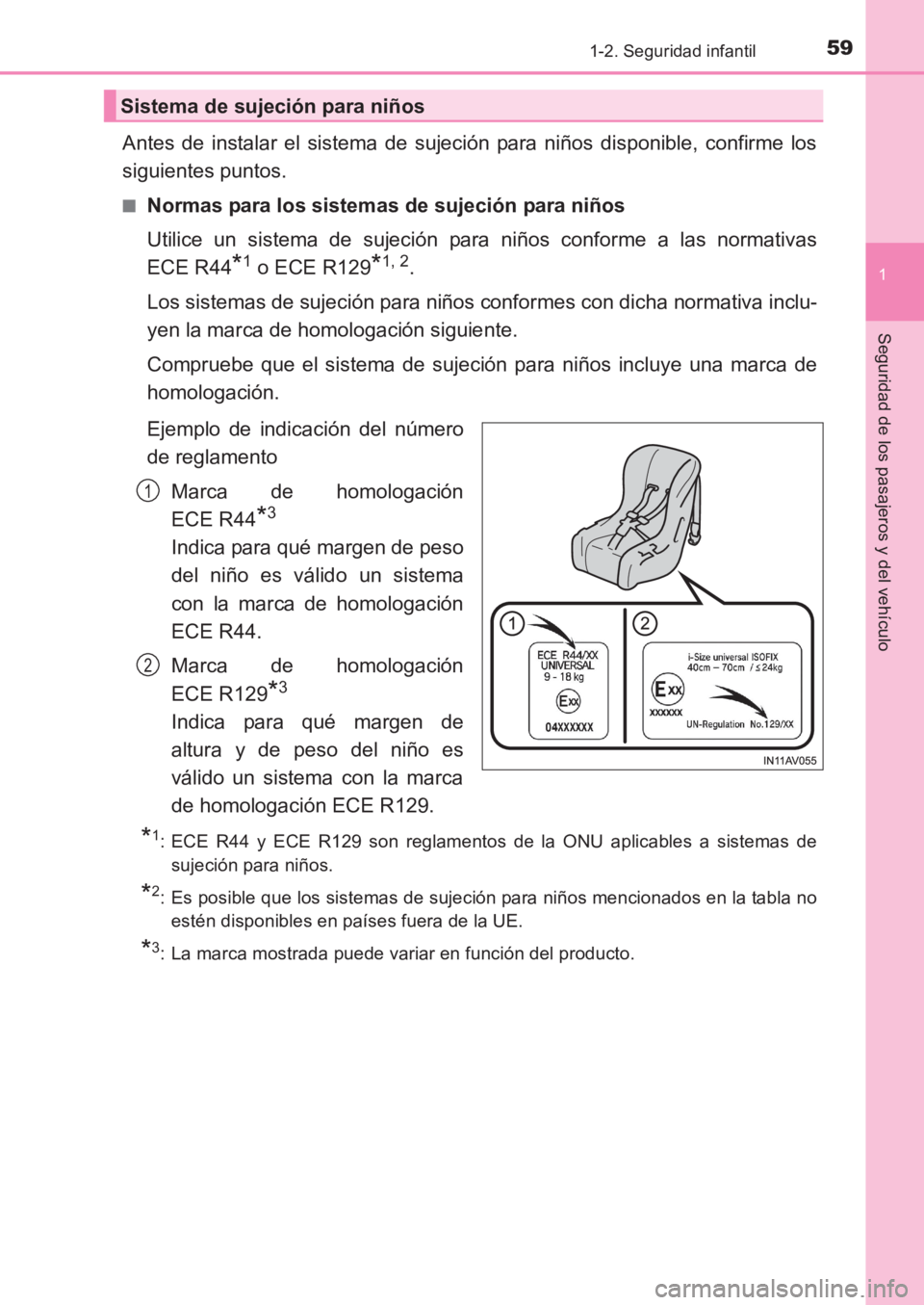 TOYOTA AVENSIS 2017  Manuale de Empleo (in Spanish) 591-2. Seguridad infantil
1
AVENSIS_OM_OM20C69S_(ES)
Seguridad de los pasajeros y del vehículo
Antes de instalar el sistema de sujeción para niños disponible, confirme los
siguientes puntos.
■Nor