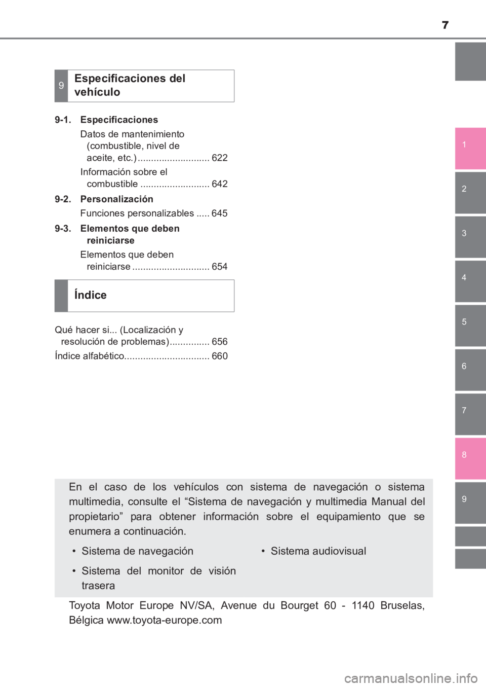 TOYOTA AVENSIS 2017 Manuale de Empleo (in Spanish) 7
1
8 6 5
4
3
2
AVENSIS_OM_OM20C69S_(ES)
9
7
9-1. EspecificacionesDatos de mantenimiento (combustible, nivel de
aceite, etc.) ........................... 622
Información sobre el combustible ...... TOYOTA AVENSIS 2017 Manuale de Empleo (in Spanish) 7
1
8 6 5
4
3
2
AVENSIS_OM_OM20C69S_(ES)
9
7
9-1. EspecificacionesDatos de mantenimiento (combustible, nivel de
aceite, etc.) ........................... 622
Información sobre el combustible ......