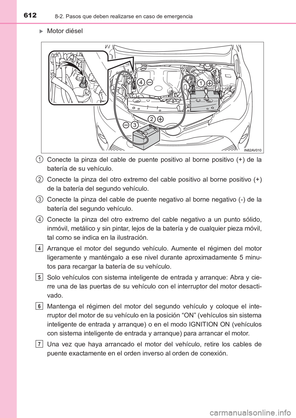 TOYOTA AVENSIS 2017  Manuale de Empleo (in Spanish) 6128-2. Pasos que deben realizarse en caso de emergencia
AVENSIS_OM_OM20C69S_(ES)
�XMotor diésel
Conecte la pinza del cable de puente positivo al borne positivo (+) de la
batería de su vehículo.
Co