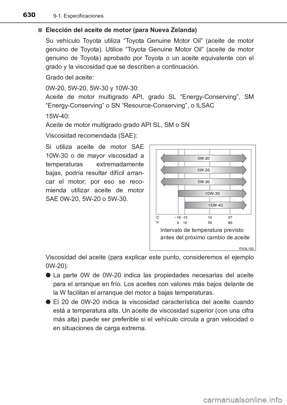 TOYOTA AVENSIS 2017  Manuale de Empleo (in Spanish) 6309-1. Especificaciones
AVENSIS_OM_OM20C69S_(ES)■
Elección del aceite de motor (para Nueva Zelanda)
Su vehículo Toyota utiliza “Toyota Genuine Motor Oil” (aceite de motor
genuino de Toyota). 