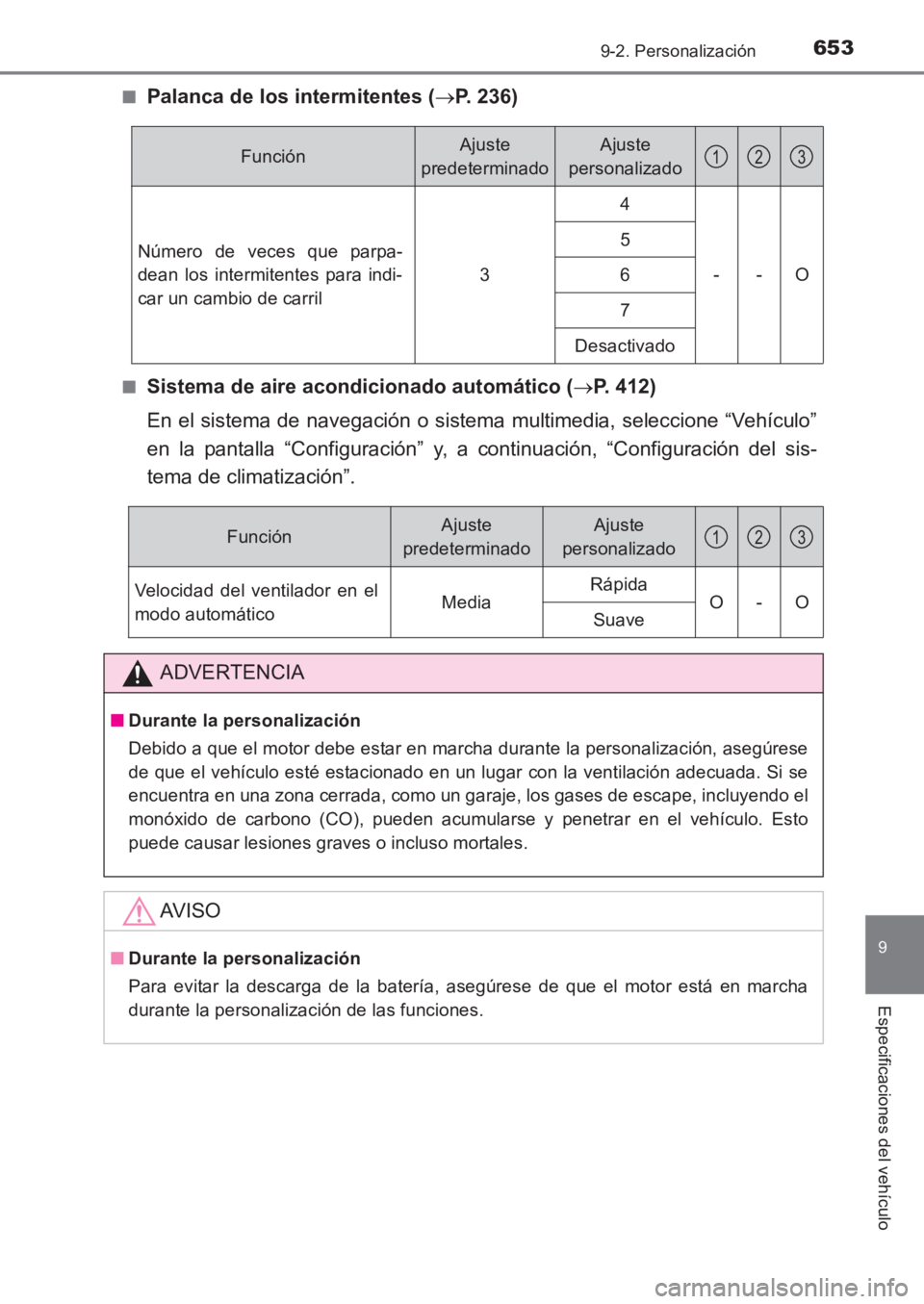 TOYOTA AVENSIS 2017 Manuale de Empleo (in Spanish) 6539-2. Personalización
AVENSIS_OM_OM20C69S_(ES)
9
Especificaciones del vehículo
■Palanca de los intermitentes (→P. 236)
■Sistema de aire acondicionado automático ( →P. 412)
En el sistema d TOYOTA AVENSIS 2017 Manuale de Empleo (in Spanish) 6539-2. Personalización
AVENSIS_OM_OM20C69S_(ES)
9
Especificaciones del vehículo
■Palanca de los intermitentes (→P. 236)
■Sistema de aire acondicionado automático ( →P. 412)
En el sistema d