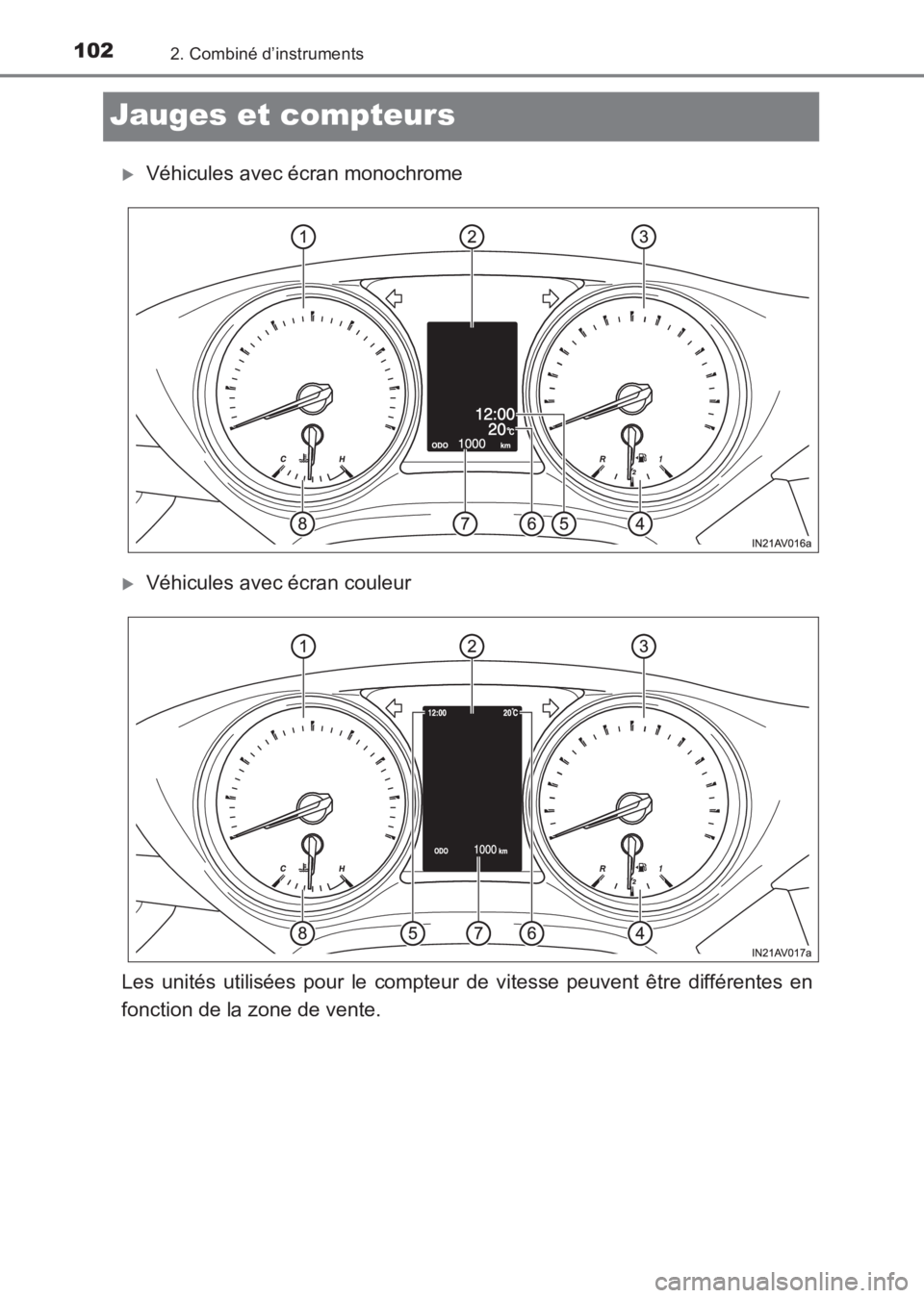 TOYOTA AVENSIS 2017  Notices Demploi (in French) 1022. Combiné d’instruments
AVENSIS_OM_OM20C67K_(EK)
Jauges et compteurs
�XVéhicules avec écran monochrome
�XVéhicules avec écran couleur
Les unités utilisées pour le compteur de vitesse peuv