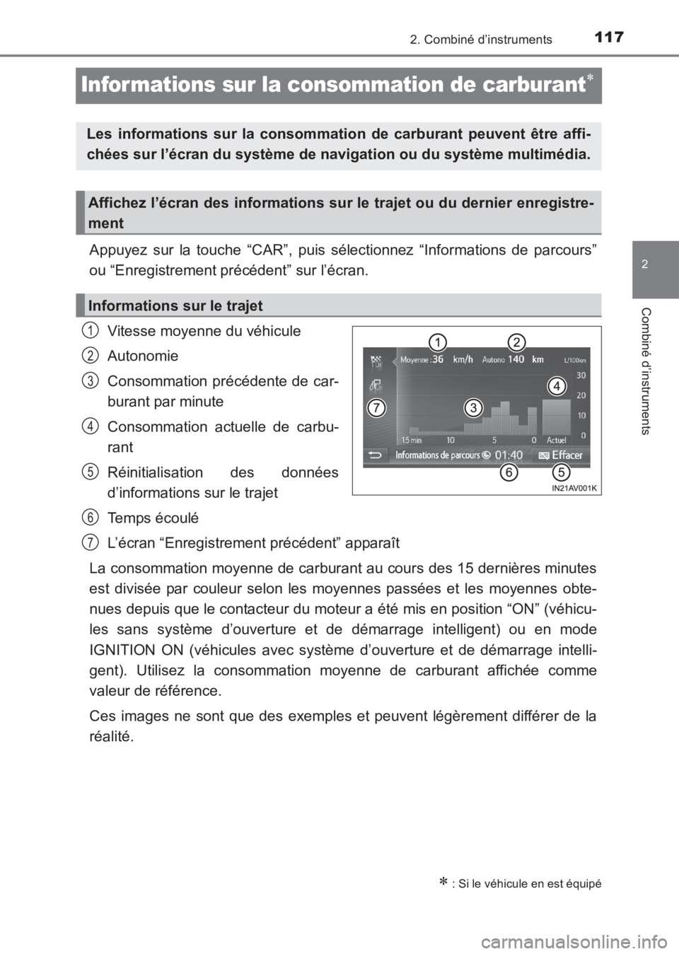 TOYOTA AVENSIS 2017 Notices Demploi (in French) 117
2
2. Combiné d’instruments
Combiné d’instruments
AVENSIS_OM_OM20C67K_(EK)
Informations sur la consommation de carburant∗
Appuyez sur la touche “CAR”, puis sélectionnez “Informations TOYOTA AVENSIS 2017 Notices Demploi (in French) 117
2
2. Combiné d’instruments
Combiné d’instruments
AVENSIS_OM_OM20C67K_(EK)
Informations sur la consommation de carburant∗
Appuyez sur la touche “CAR”, puis sélectionnez “Informations