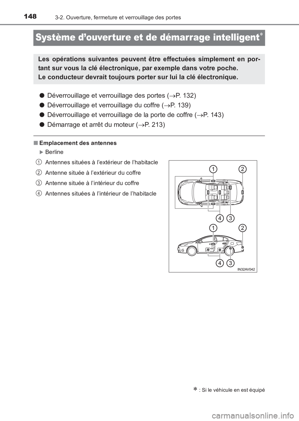 TOYOTA AVENSIS 2017 Notices Demploi (in French) 1483-2. Ouverture, fermeture et verrouillage des portes
AVENSIS_OM_OM20C67K_(EK)
Système d’ouverture et de démarrage intelligent∗
●Déverrouillage et verrouillage des portes ( →P. 132)
● D TOYOTA AVENSIS 2017 Notices Demploi (in French) 1483-2. Ouverture, fermeture et verrouillage des portes
AVENSIS_OM_OM20C67K_(EK)
Système d’ouverture et de démarrage intelligent∗
●Déverrouillage et verrouillage des portes ( →P. 132)
● D