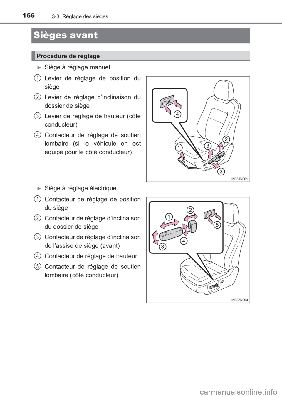 TOYOTA AVENSIS 2017  Notices Demploi (in French) 1663-3. Réglage des sièges
AVENSIS_OM_OM20C67K_(EK)
Sièges avant
�XSiège à réglage manuel
Levier de réglage de position du
siège
Levier de réglage d’inclinaison du
dossier de siège
Levier 