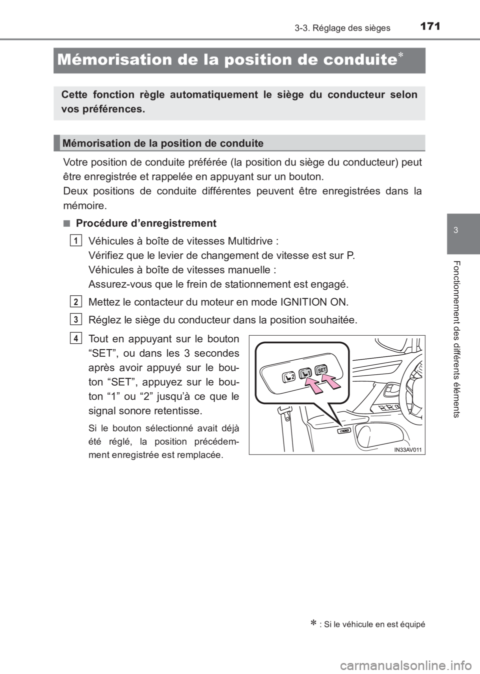 TOYOTA AVENSIS 2017 Notices Demploi (in French) 171
3
3-3. Réglage des sièges
Fonctionnement des différents éléments
AVENSIS_OM_OM20C67K_(EK)
Mémorisation de la position de conduite∗
Votre position de conduite préférée (la position du si TOYOTA AVENSIS 2017 Notices Demploi (in French) 171
3
3-3. Réglage des sièges
Fonctionnement des différents éléments
AVENSIS_OM_OM20C67K_(EK)
Mémorisation de la position de conduite∗
Votre position de conduite préférée (la position du si
